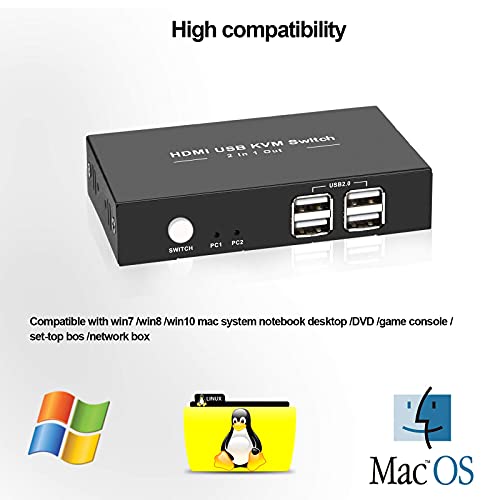 HDMI KVM Switch, 4 USB 2.0 Ports,2 HDMI Ports Support Wireless Keyboard and Mouse, USB Disk, Printer, Plug and Play