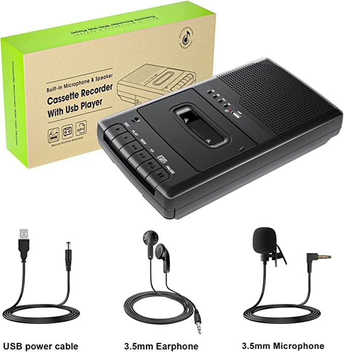 Portable Cassette Player, Tape Recorder with Stand-Alone Microphone, Walkman Cassettes Tape Digital Converter to USB Flash Disk, Built-in Speaker/Retractable Handle/3.5MM Headphone Jack