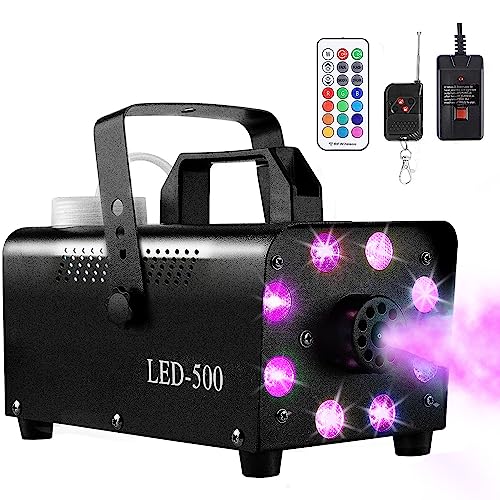 Smoke Machine, Fog Machine Halloween Indoor- 3 Stage LED Lights with 13 Colors & Strobe Effect, Automatic Smoke Machine for Party Wedding Holiday, 500W with Receiver and Wireless Remote Controls