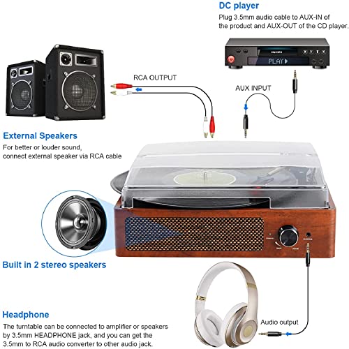 Vinyl Record Players Vintage Turntable for Vinyl Records with Speakers Belt-Driven Turntables Support 3-Speed, Bluetooth Wireless Playback, Headphone, AUX-in, RCA Line LP Vinyl Players(Orange)