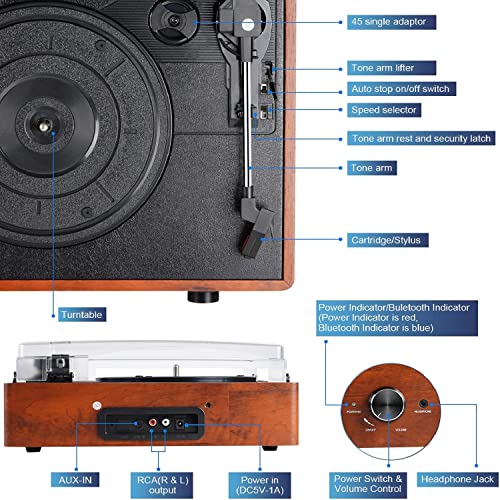 Vinyl Record Players Vintage Turntable for Vinyl Records with Speakers Belt-Driven Turntables Support 3-Speed, Bluetooth Wireless Playback, Headphone, AUX-in, RCA Line LP Vinyl Players(Orange)