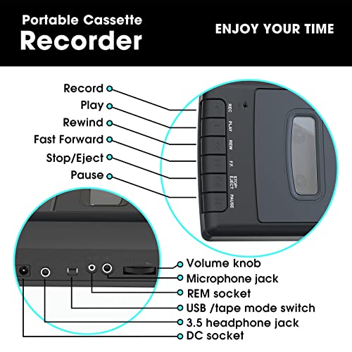 Portable Cassette Player, Tape Recorder with Stand-Alone Microphone, Walkman Cassettes Tape Digital Converter to USB Flash Disk, Built-in Speaker/Retractable Handle/3.5MM Headphone Jack