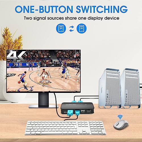 4K KVM Switch HDMI 2 Port Box, USB and HDMI Switch for 2 Computers Share Keyboard Mouse Printer and one HD Monitor, Support UHD 4K@30Hz, with Remote Controller and 2 KVM Cables