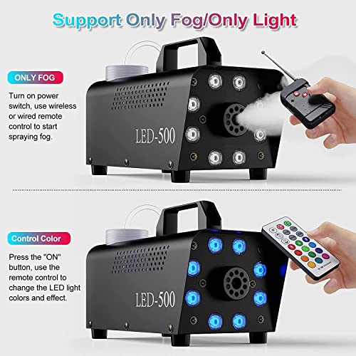 Smoke Machine, Fog Machine Halloween Indoor- 3 Stage LED Lights with 13 Colors & Strobe Effect, Automatic Smoke Machine for Party Wedding Holiday, 500W with Receiver and Wireless Remote Controls