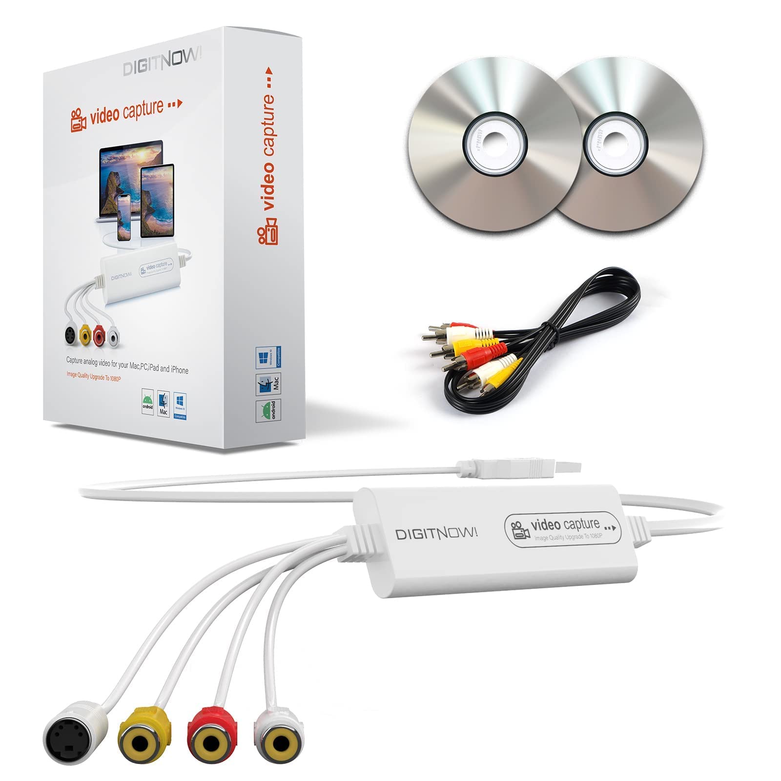 VHS to Digital Converter, USB Video Capture Card, Video Capture Device, RCA TO USB Converter,Convert VHS VCR Hi8 Mini DV to Digital/DVD,For Tape Player Camcorder Camera PC TV,Windows Mac OS Compatible