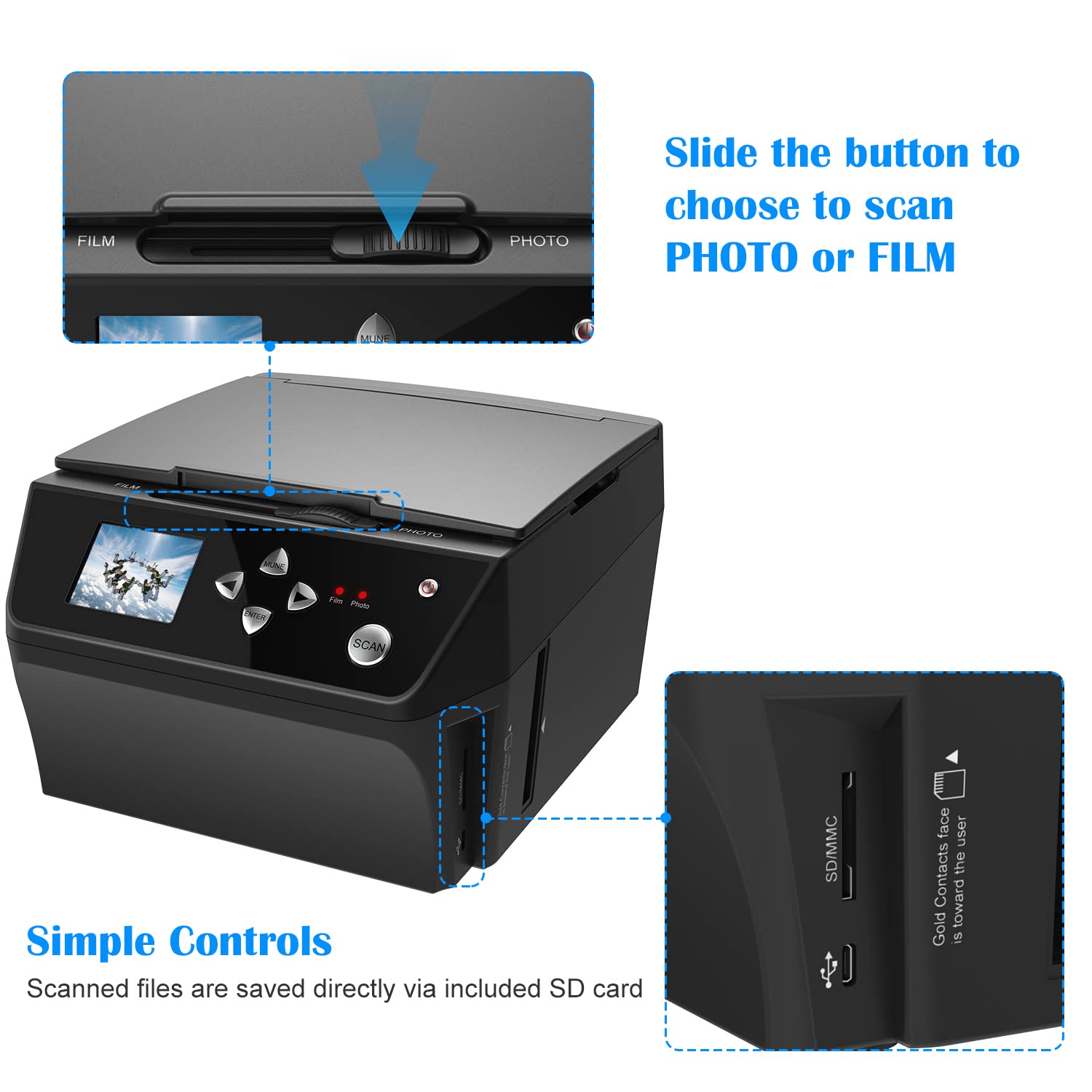 Photo Scanner Film &Slide Multi-Function Scanner with HD 22MP, Convert 135Film/35mm slide/110Film/Photo/Document