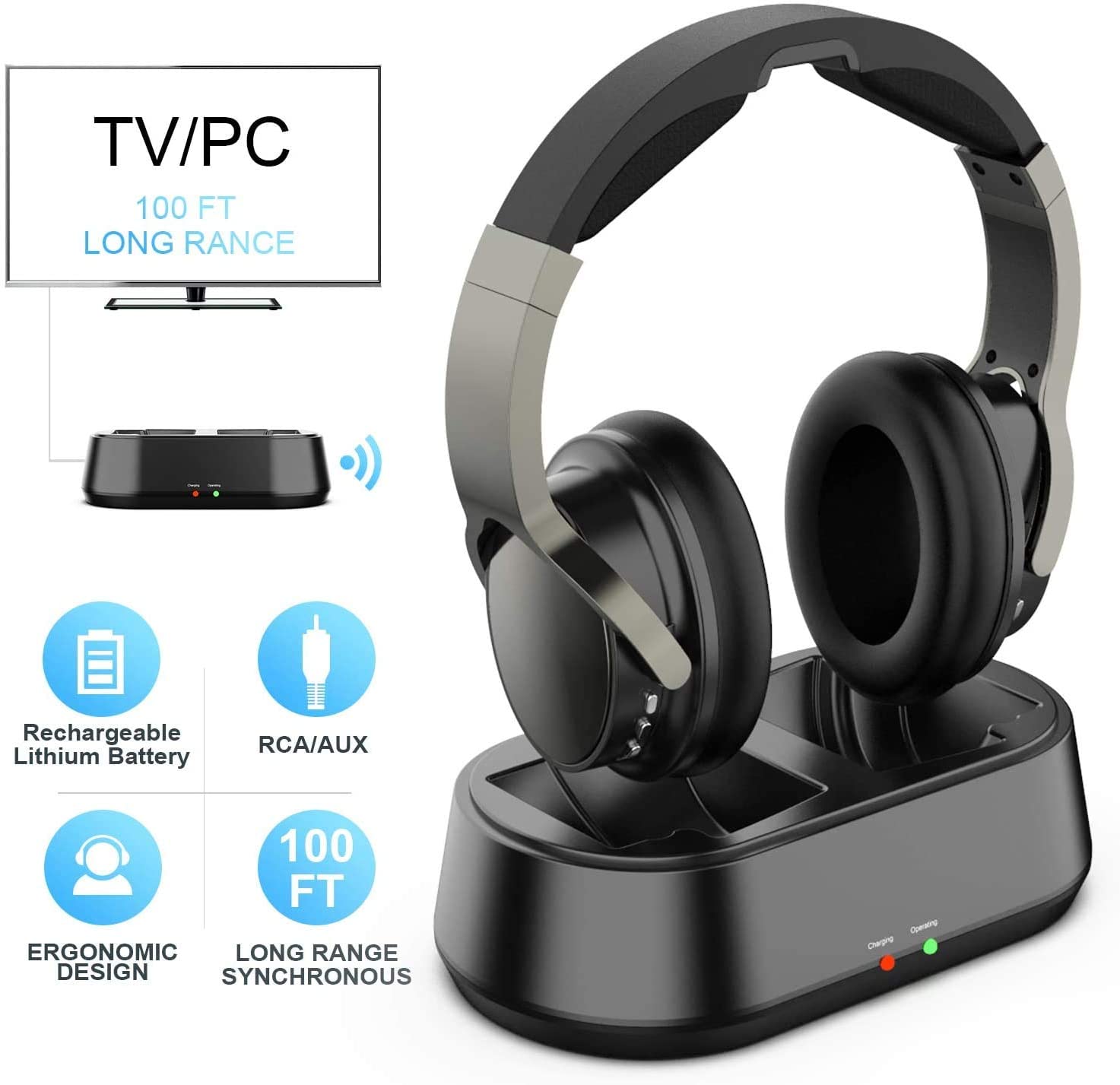 Rybozen Wireless TV Headphones with Transmitter Dock, Over-Ear Cordless Headset with RCA / 3.5MM Input, for Watching Home Television Game 100 Feet Play Range