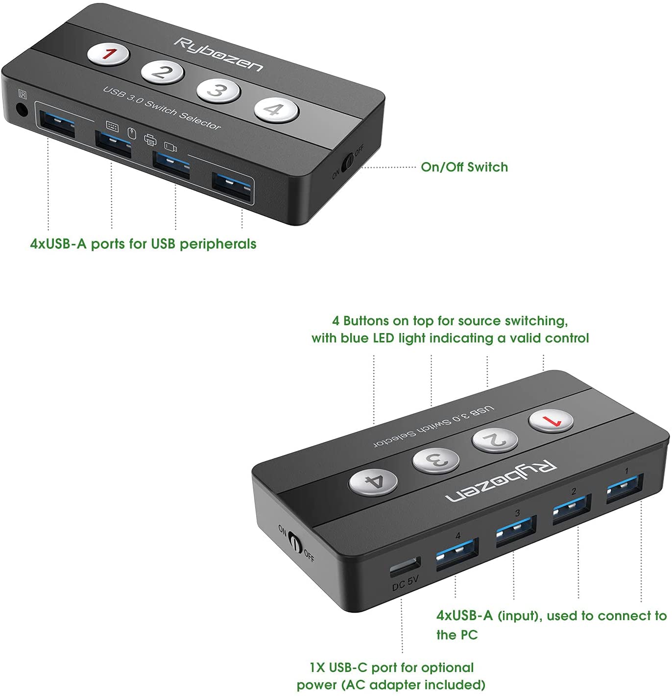 USB 3.0 Switch Selector,4 Port KVM Switch USB Peripheral Switcher Box