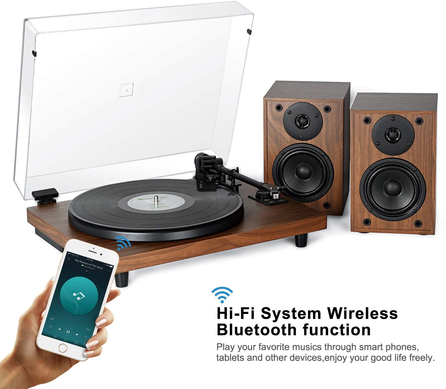 Vinyl Record Player with Wireless Bluetooth Turntable HiFi System