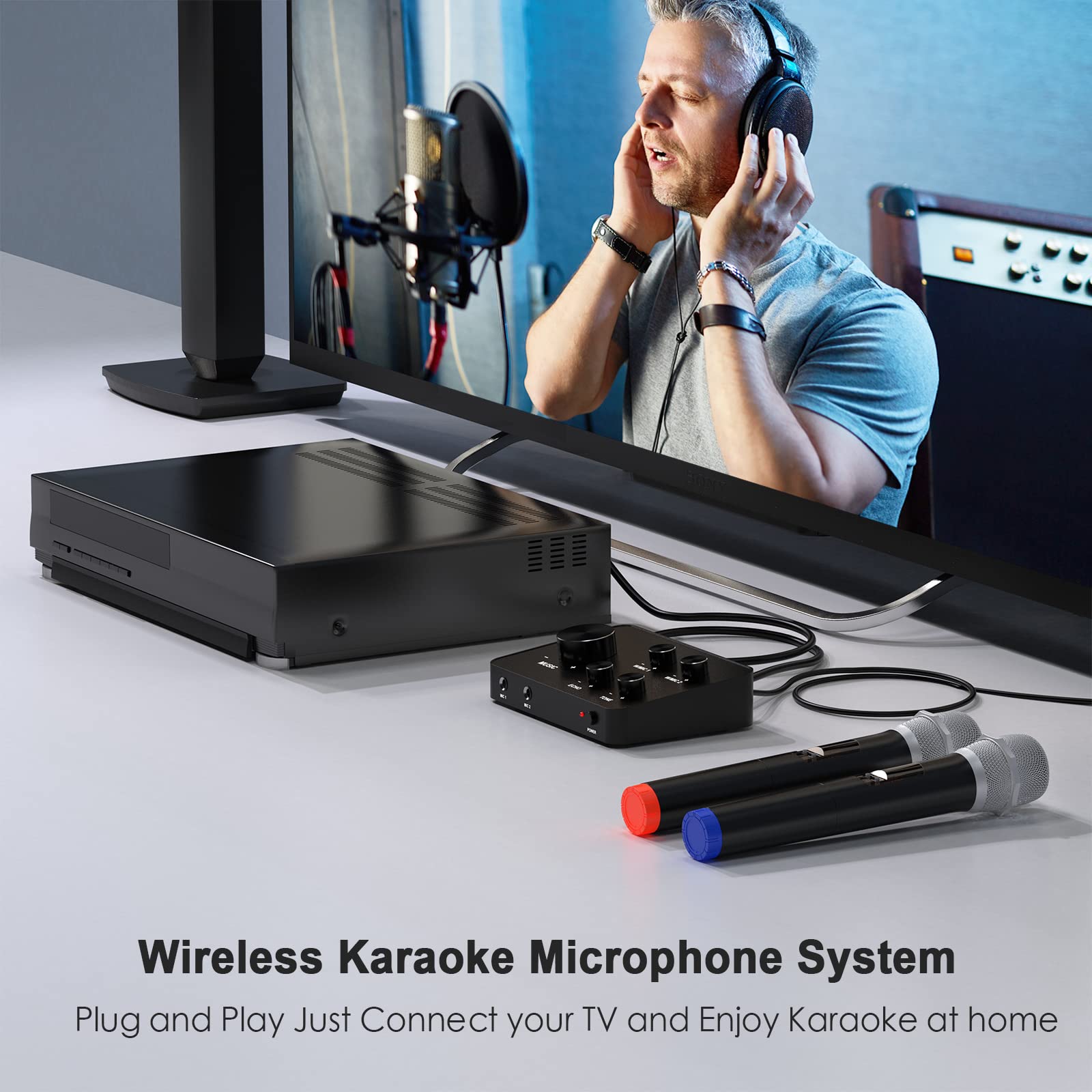 Wireless Microphone Karaoke Mixer System, Dual Handheld Wireless Microphone for Karaoke, Smart TV, PC, Speaker, Amplifier, Church, Wedding - Support HDMI, AUX In/Out