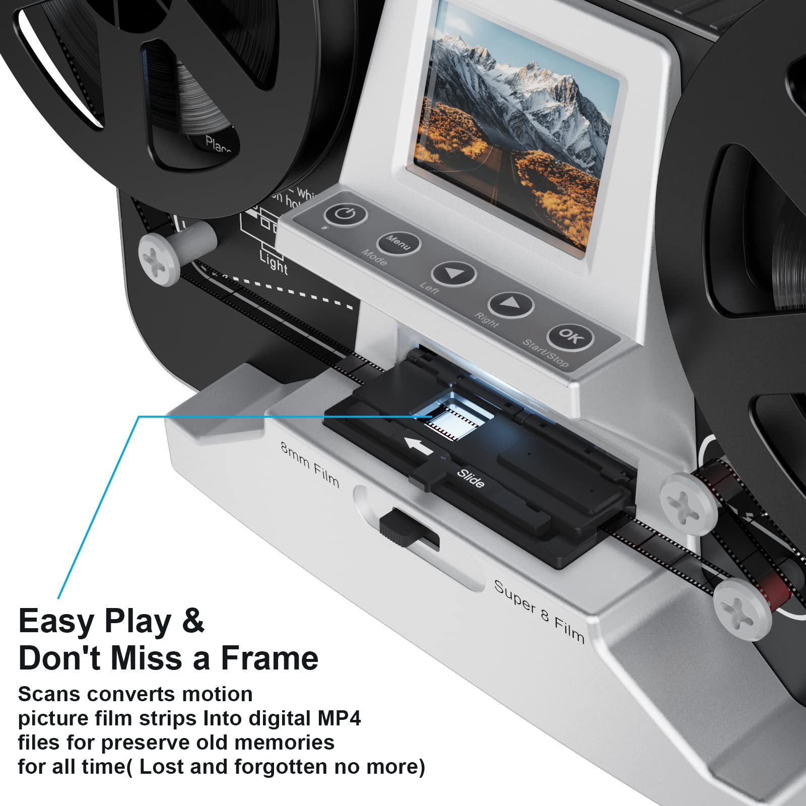 8mm & Super 8 Reels to Digital MovieMaker Film Sanner Converter, 2.4" LCD (Convert 3”and 5” Film reels) with 32 GB SD Card included