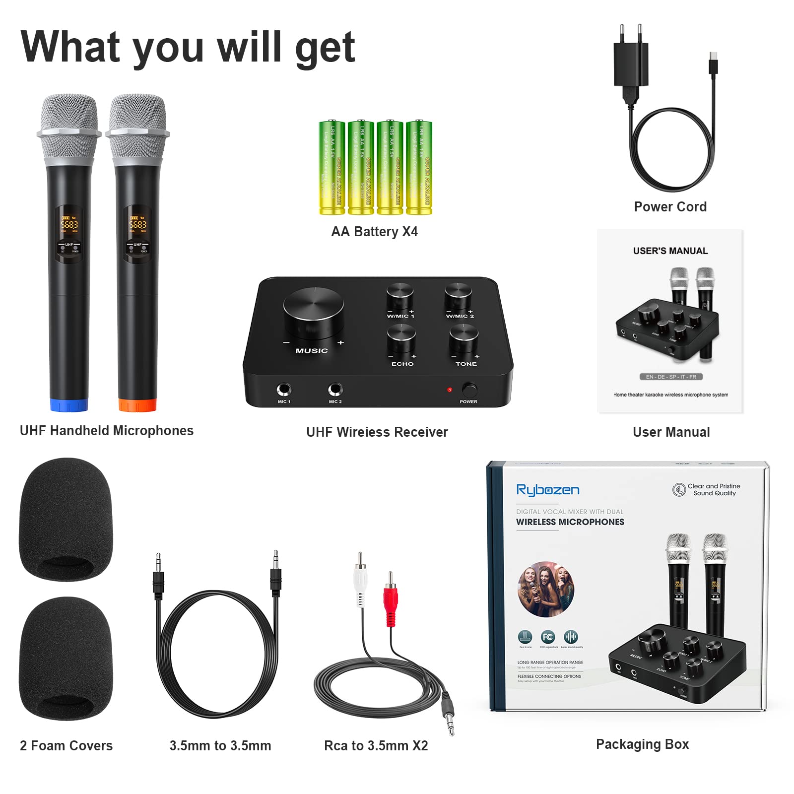 Wireless Microphone Karaoke Mixer System, Dual Handheld Wireless Microphone for Karaoke, Smart TV, PC, Speaker, Amplifier, Church, Wedding - Support HDMI, AUX In/Out