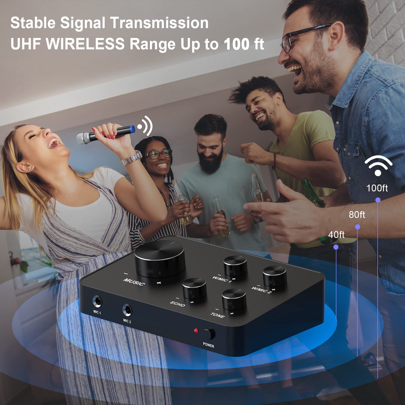 Wireless Microphone Karaoke Mixer System, Dual Handheld Wireless Microphone for Karaoke, Smart TV, PC, Speaker, Amplifier, Church, Wedding - Support HDMI, AUX In/Out