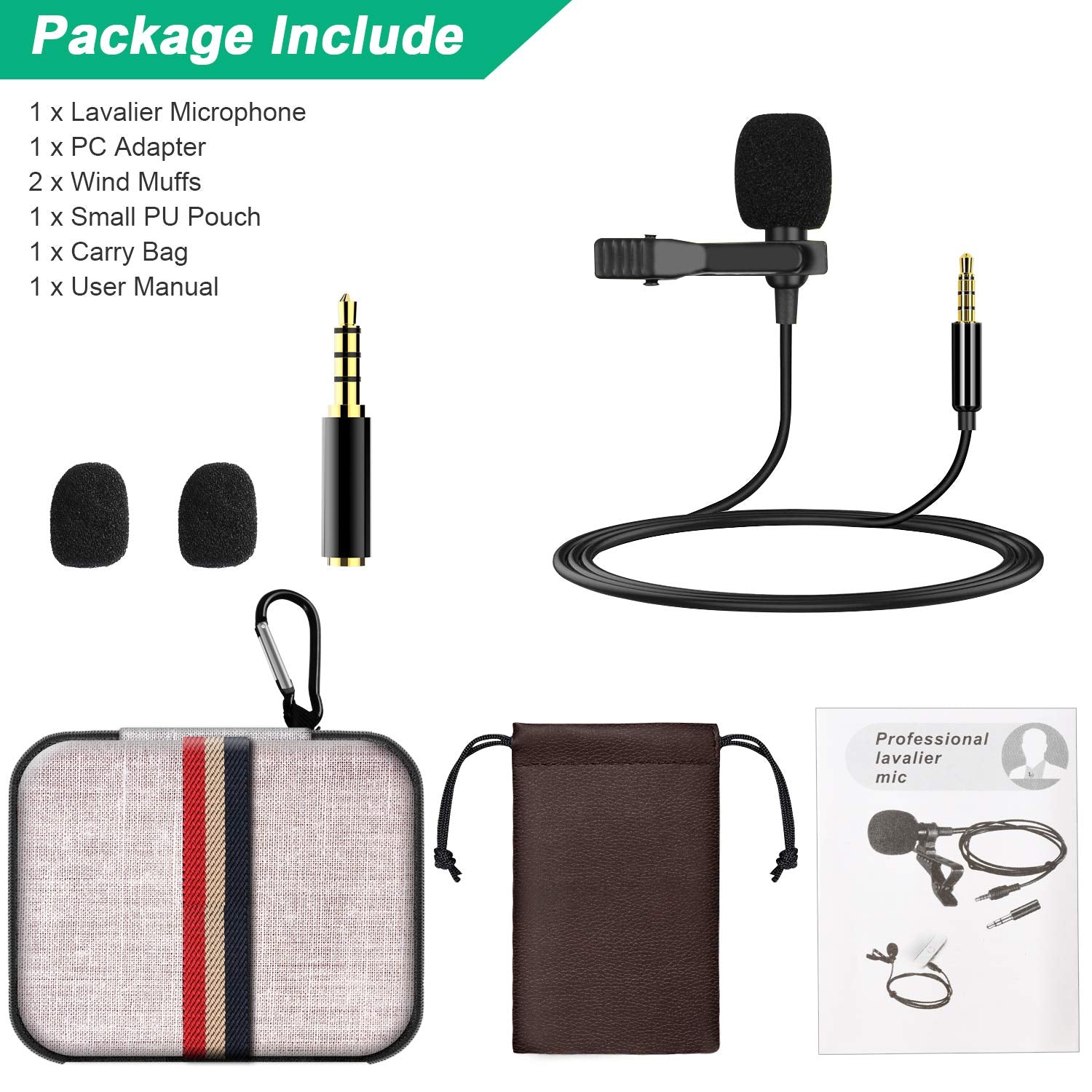 Professional Lavalier Lapel Microphone Omnidirectional Condenser Mic for iPhone ,Recording Mic for Video Tiktok