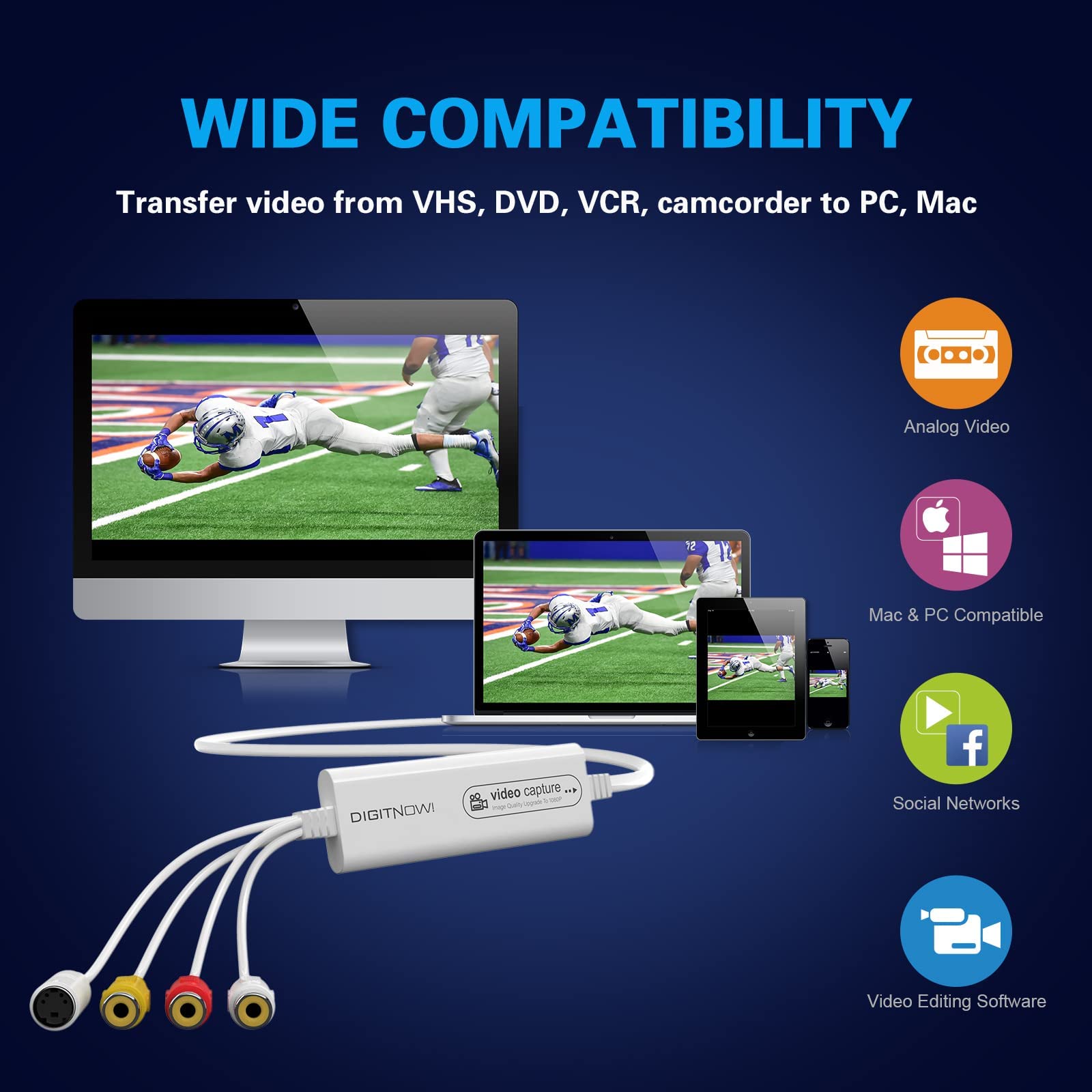 VHS to Digital Converter, USB Video Capture Card, Video Capture Device, RCA TO USB Converter,Convert VHS VCR Hi8 Mini DV to Digital/DVD,For Tape Player Camcorder Camera PC TV,Windows Mac OS Compatible