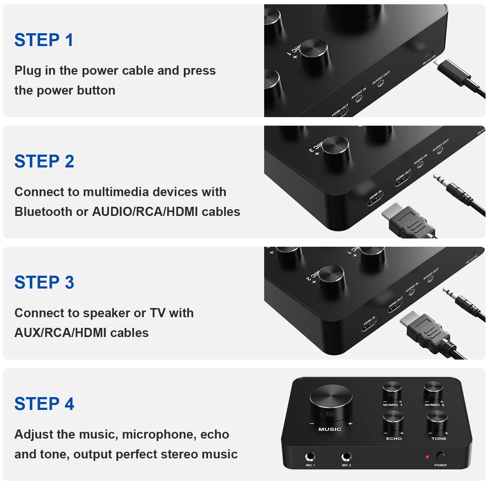 Wireless Microphone Karaoke Mixer System, Dual Handheld Wireless Microphone for Karaoke, Smart TV, PC, Speaker, Amplifier, Church, Wedding - Support HDMI, AUX In/Out