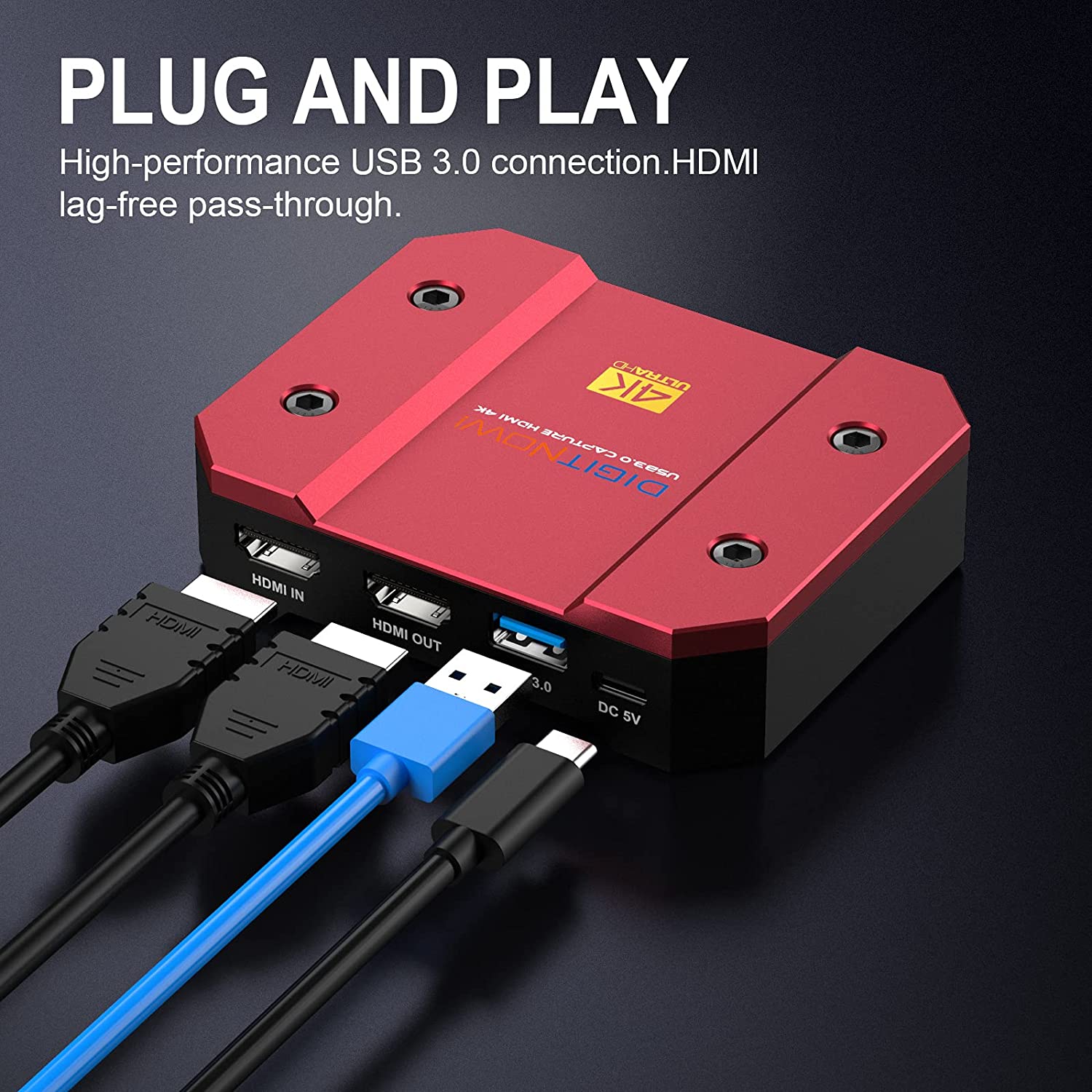 DIGITNOW USB Video Capture Card 4k/60Hz HDR10 Zero-Lag Passthrough, Ultra-Low Latency, Full HD Video Recording for PS5, PS4/Pro, Xbox Series X/S, Xbox One X/S, Real USB3.0