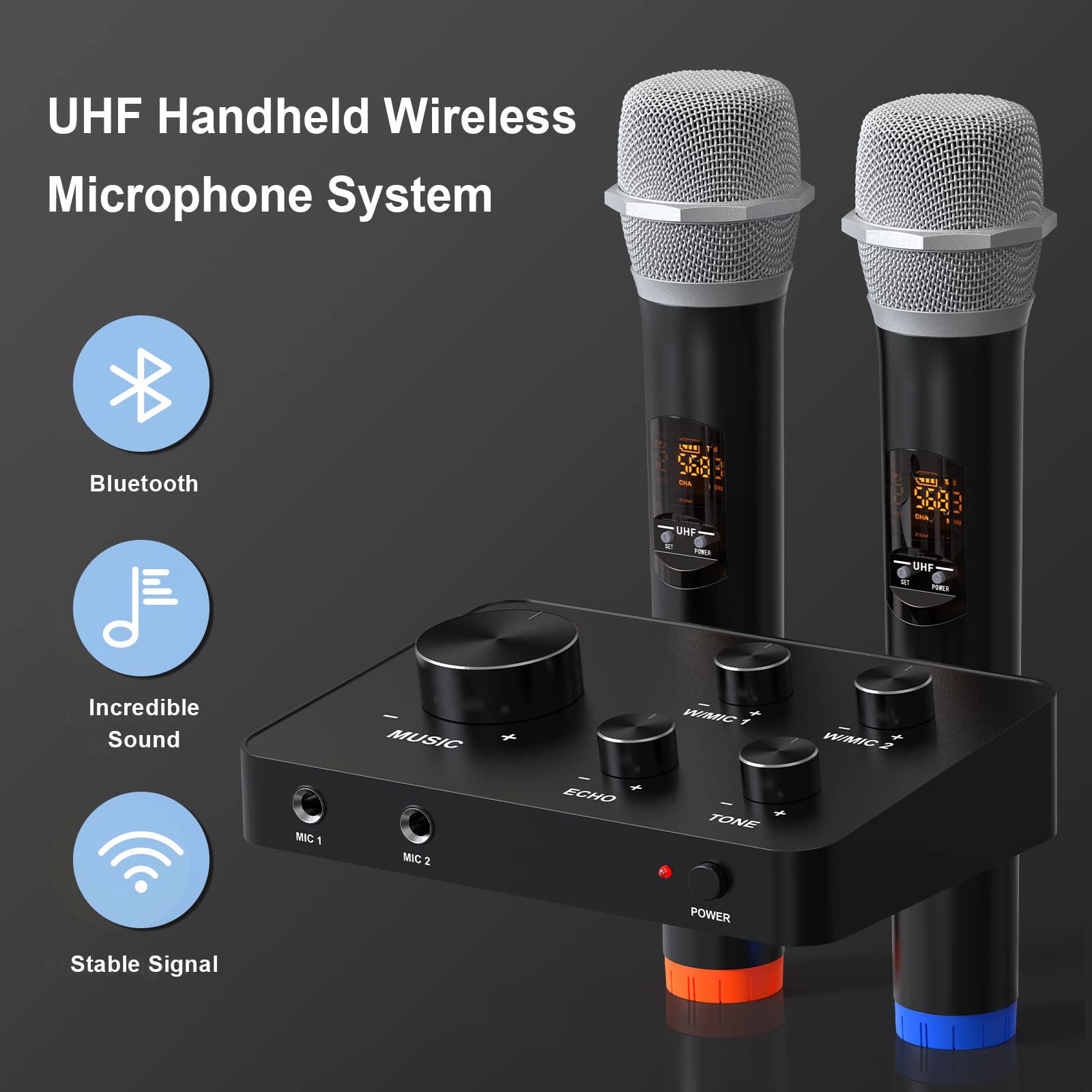 Portable Karaoke Microphone Mixer System Set, with Dual UHF Wireless Mic