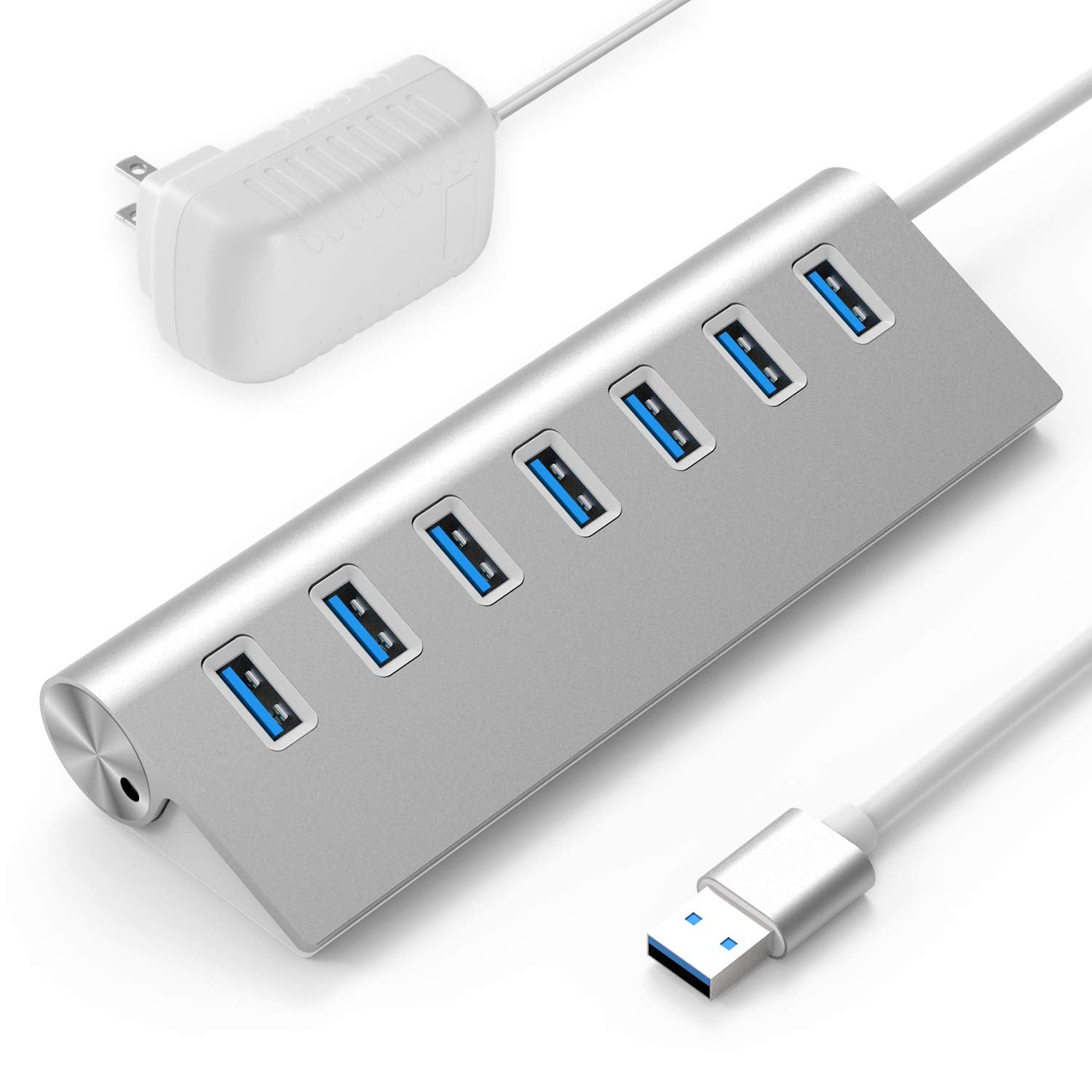 VEMONT USB hub, Aluminum USB 3.0 Data Hub with Individual On/Off Switches  and LED Lights for Laptop, PC, Computer (4ft/120cm) (7port)