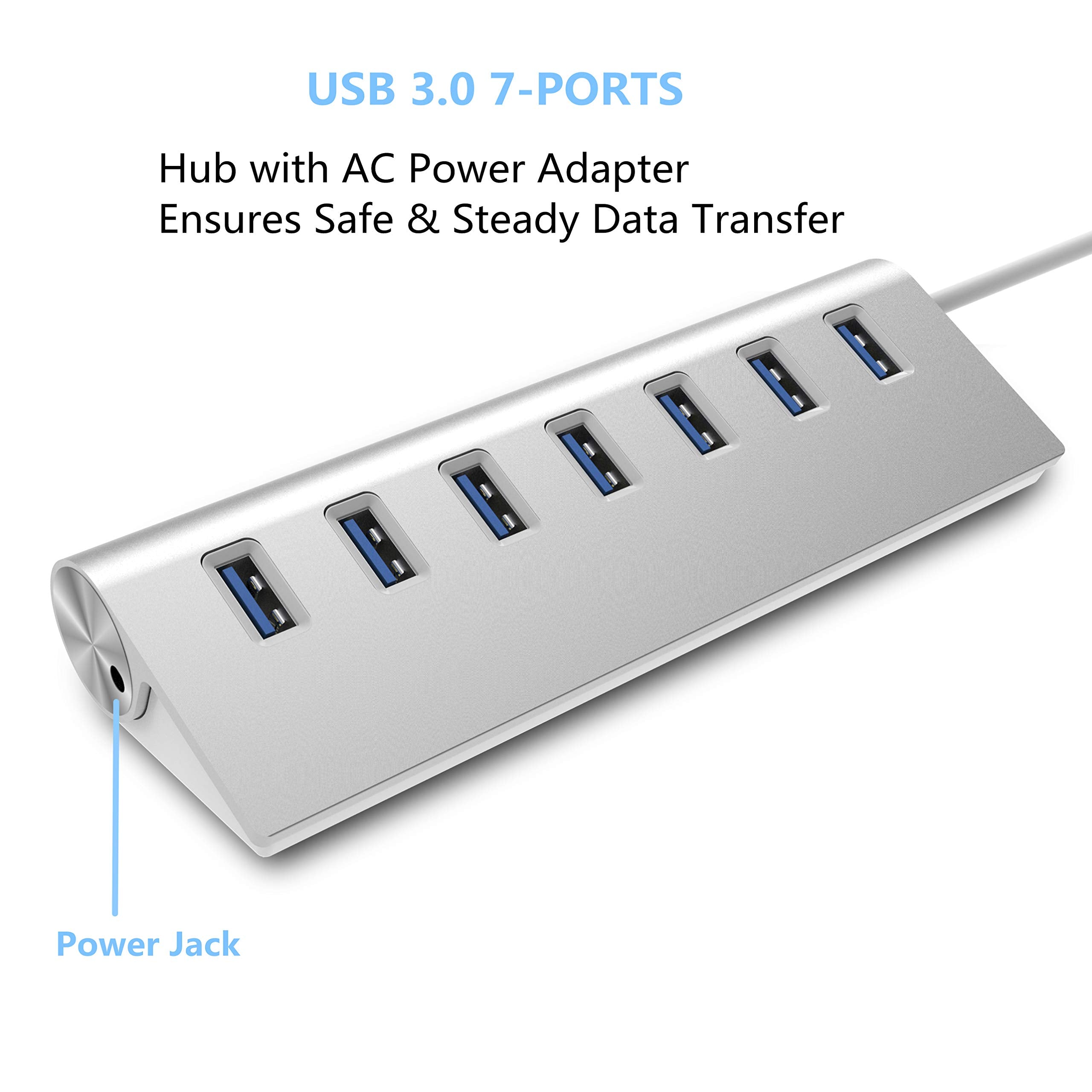7-Port USB 3.0 Hub, USB C Hub Aluminum 7 Port Data Hub with 5V/4A 20W Power Adapter