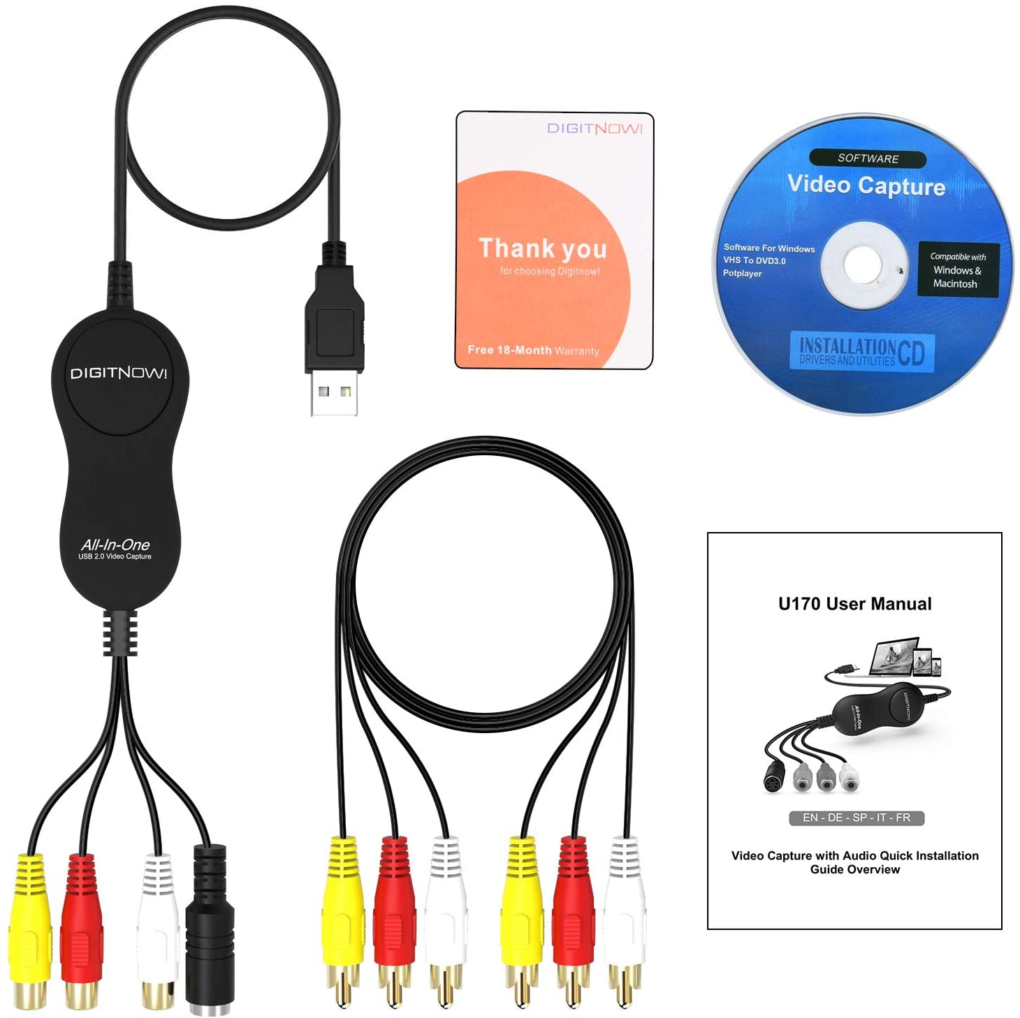 Video Capture, VHS to Digital Converter, USB 2.0 Video Capture Device, VCR to Digital Converter, RCA to USB Converter, Video Grabber for MAC/PC/TV/Camcorder, MAC OS Windows Compatible