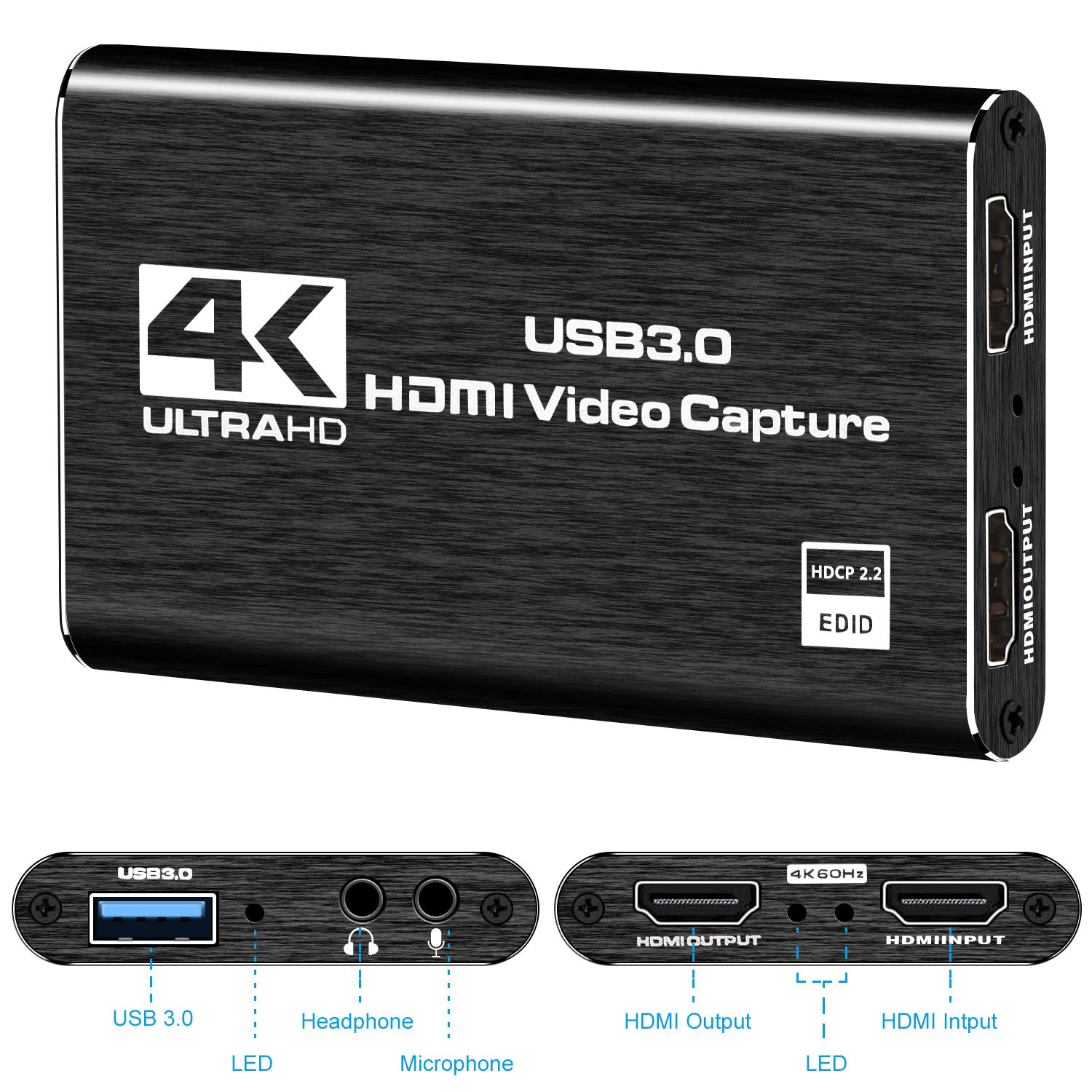 4K Audio Video Capture Card HDMI USB 3.0 Video Capture Device 1080P 60FPS(Black)