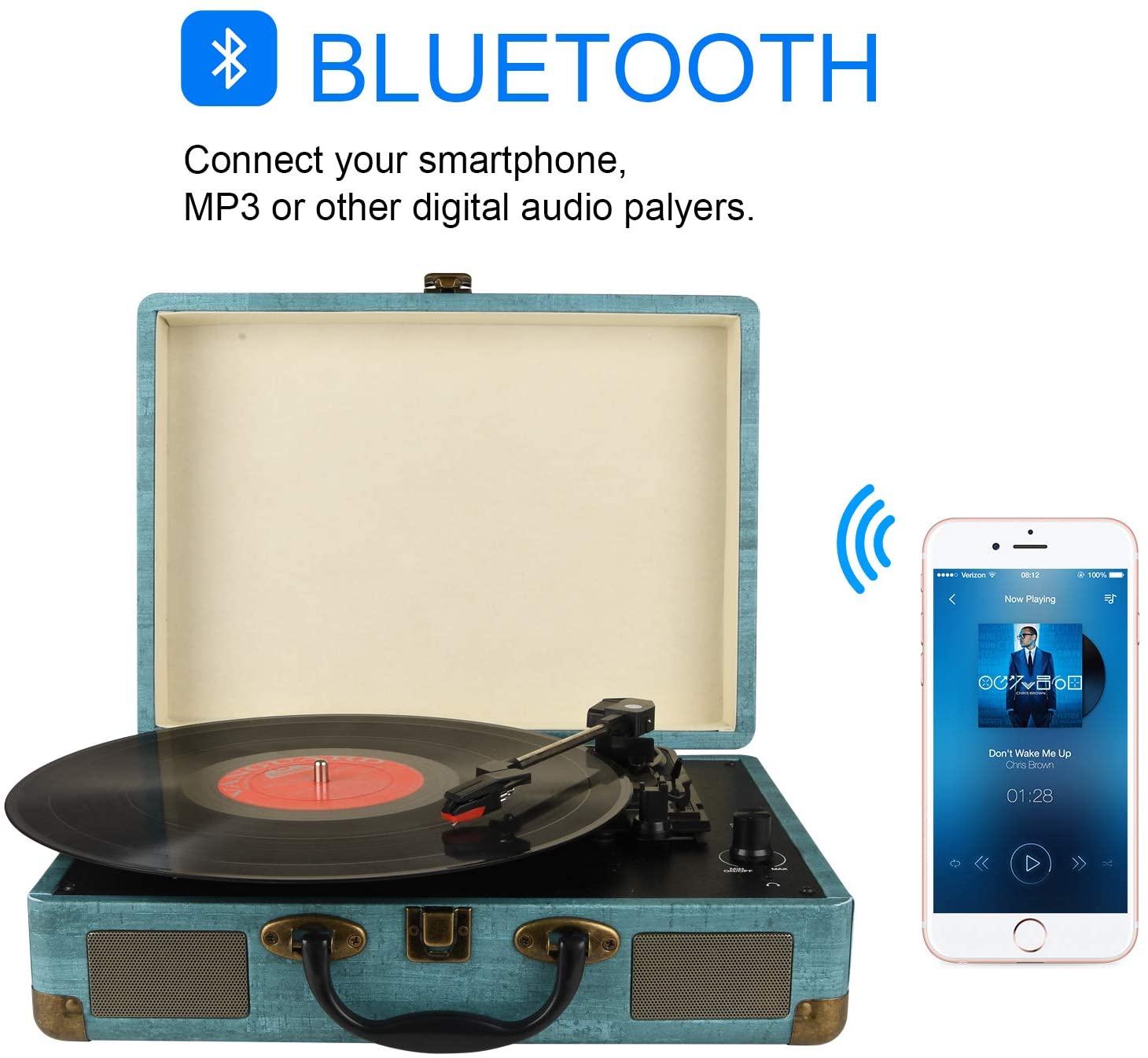 Vinyl Record Player, 3 Speeds (33 1/3, 45 and 78 RPM) Portable Stereo Turntable, with Built-in Speakers, Bluetooth, 3.5mm AUX-IN and Headphone Jack, RCA Line
