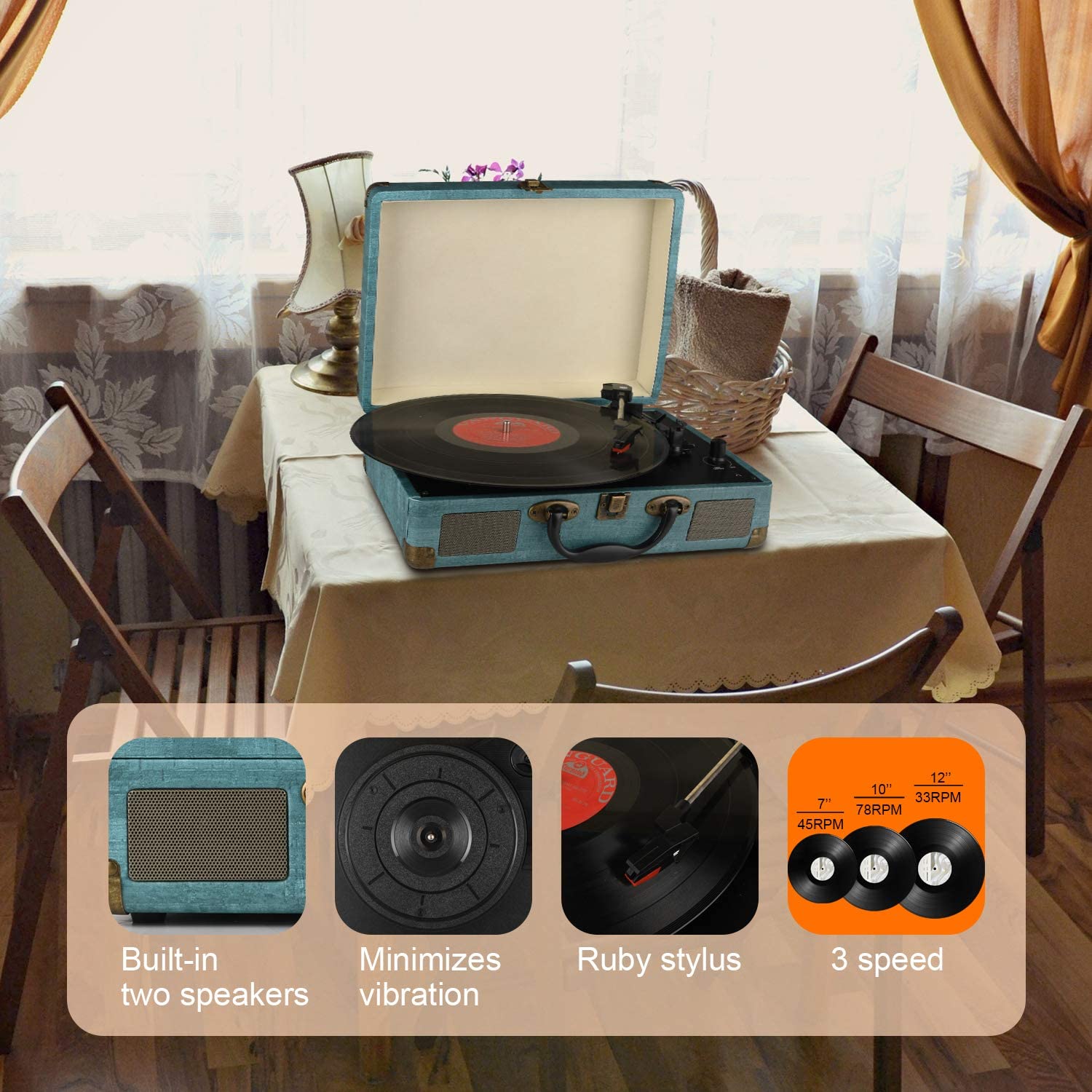 Vinyl Record Player, 3 Speeds (33 1/3, 45 and 78 RPM) Portable Stereo Turntable, with Built-in Speakers, Bluetooth, 3.5mm AUX-IN and Headphone Jack, RCA Line