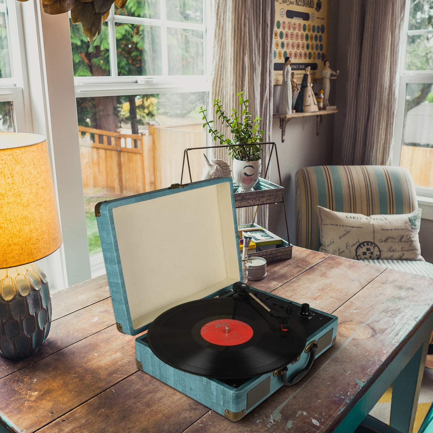 Vinyl Record Player, 3 Speeds (33 1/3, 45 and 78 RPM) Portable Stereo Turntable, with Built-in Speakers, Bluetooth, 3.5mm AUX-IN and Headphone Jack, RCA Line