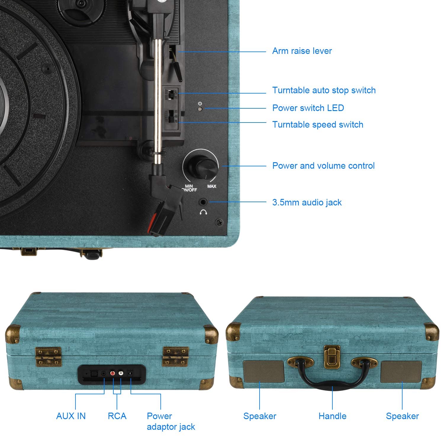 Vinyl Record Player, 3 Speeds (33 1/3, 45 and 78 RPM) Portable Stereo Turntable, with Built-in Speakers, Bluetooth, 3.5mm AUX-IN and Headphone Jack, RCA Line