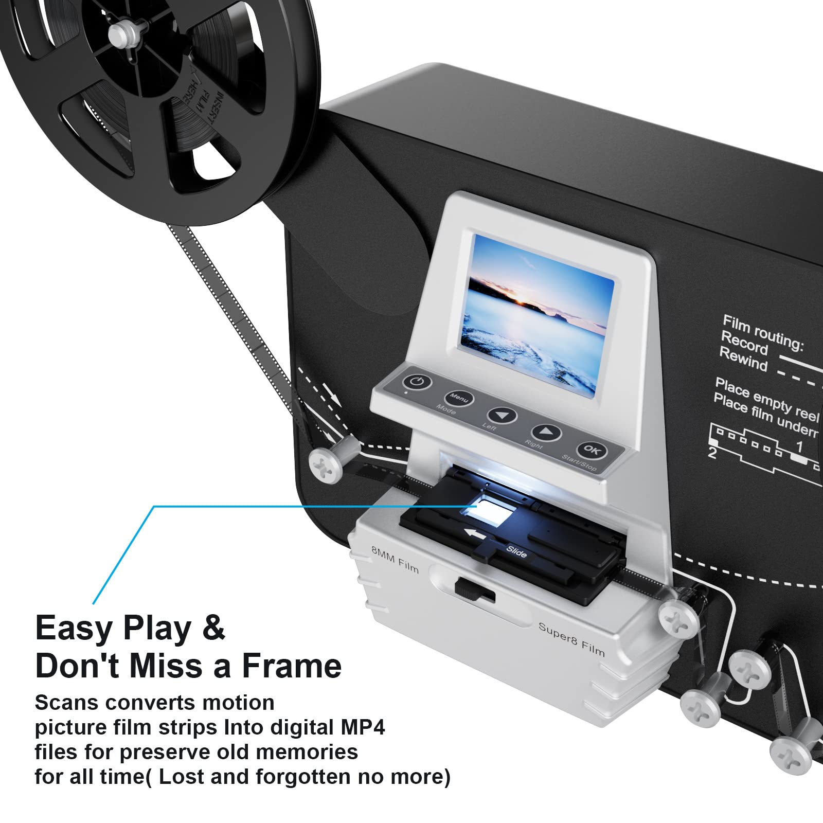 8mm & Super 8 Film to Digital Converter, Film Scanner with 2.4" Screen,Converts Frame by MP4 Files, Viewing Saving on 32GB SD Card(Included) for 3”5”7”9” Reels