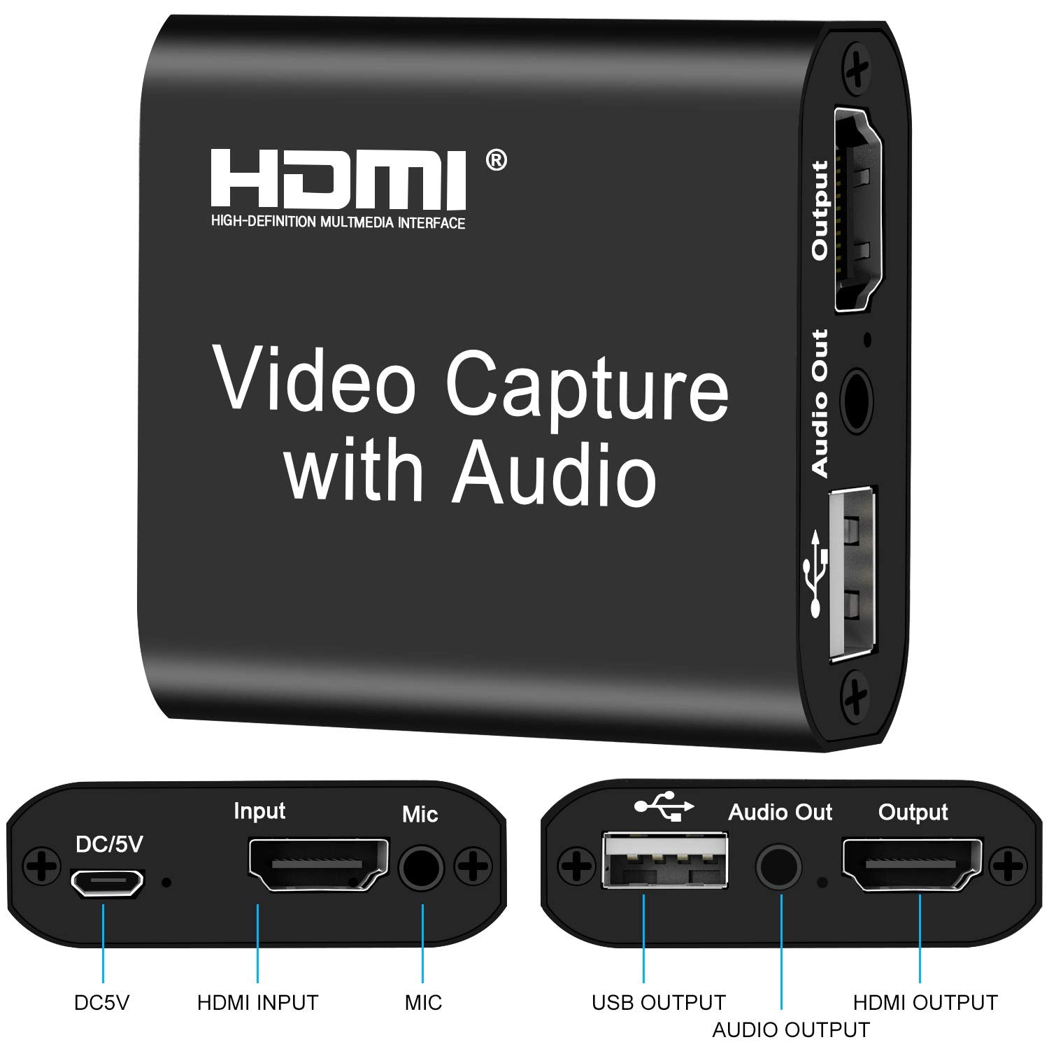 Capture Card, Audio Video Capture Card with Mic and HDMI Loop-Out, 1080p 60fps 4K HDMI Capture Card Video Recorder for Gaming/Live Streaming/Conference, Works for Nintendo Switch/PS5/Camera/Xbox/OBS