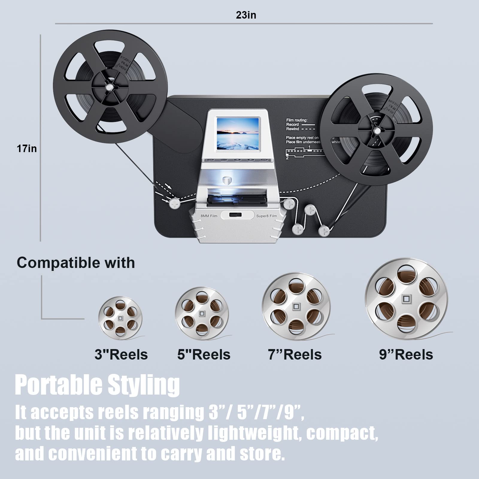 8mm & Super 8 Film to Digital Converter, Film Scanner with 2.4" Screen,Converts Frame by MP4 Files, Viewing Saving on 32GB SD Card(Included) for 3”5”7”9” Reels