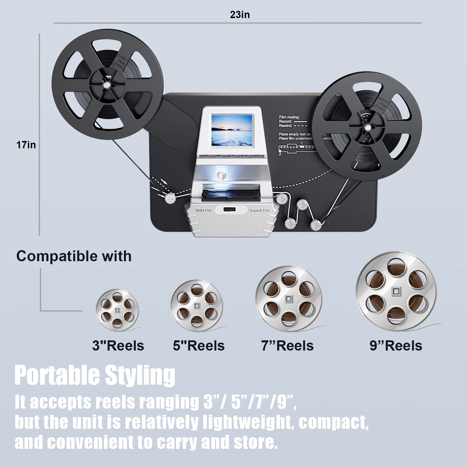 8mm & Super 8 Reels to Digital Film Scanner (Convert 3” 4” 5” 7” 9” Reels) into 1080P MP4