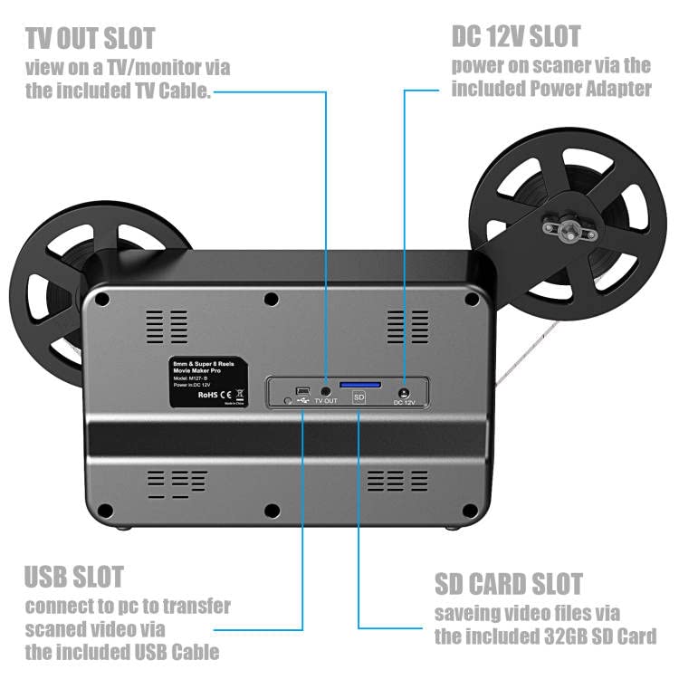8mm & Super 8 Film to Digital Converter, Film Scanner with 2.4" Screen,Converts Frame by MP4 Files, Viewing Saving on 32GB SD Card(Included) for 3”5”7”9” Reels