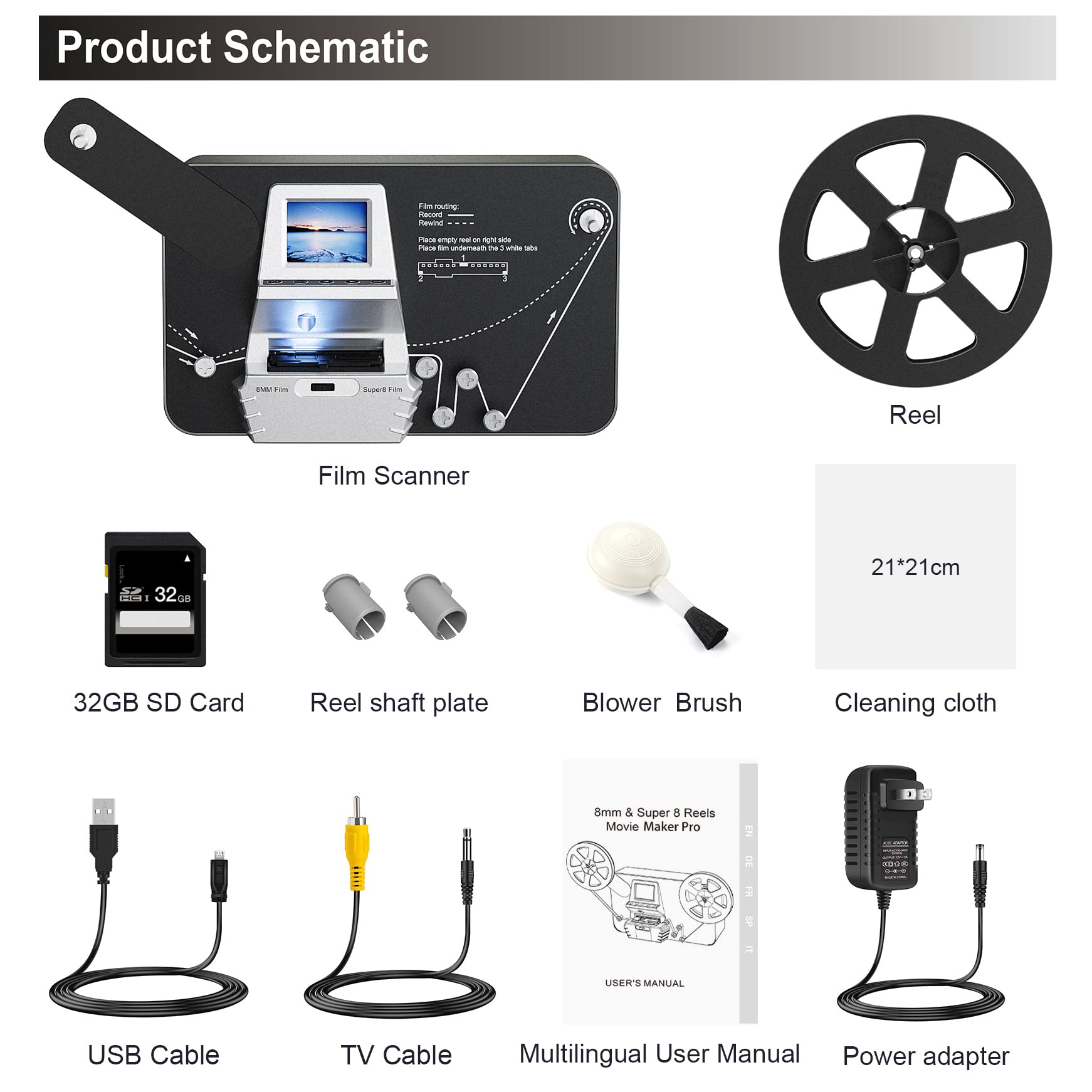 8mm & Super 8 Film to Digital Converter, Film Scanner with 2.4" Screen,Converts Frame by MP4 Files, Viewing Saving on 32GB SD Card(Included) for 3”5”7”9” Reels