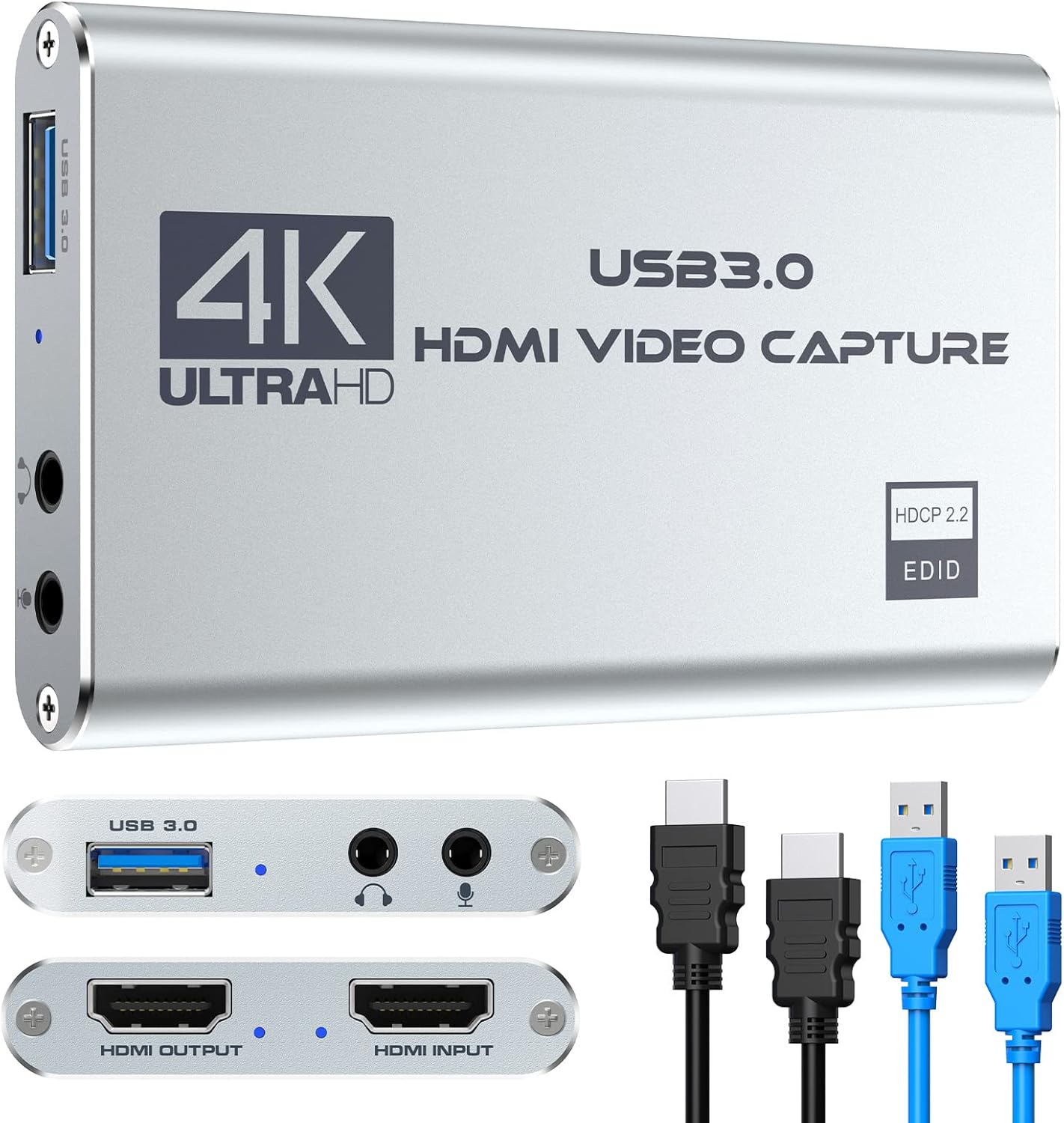 USB 3.0 HDMI Video Capture Device,4K 1080P 60FPS, Works with PS4/PS5/X(Silver)