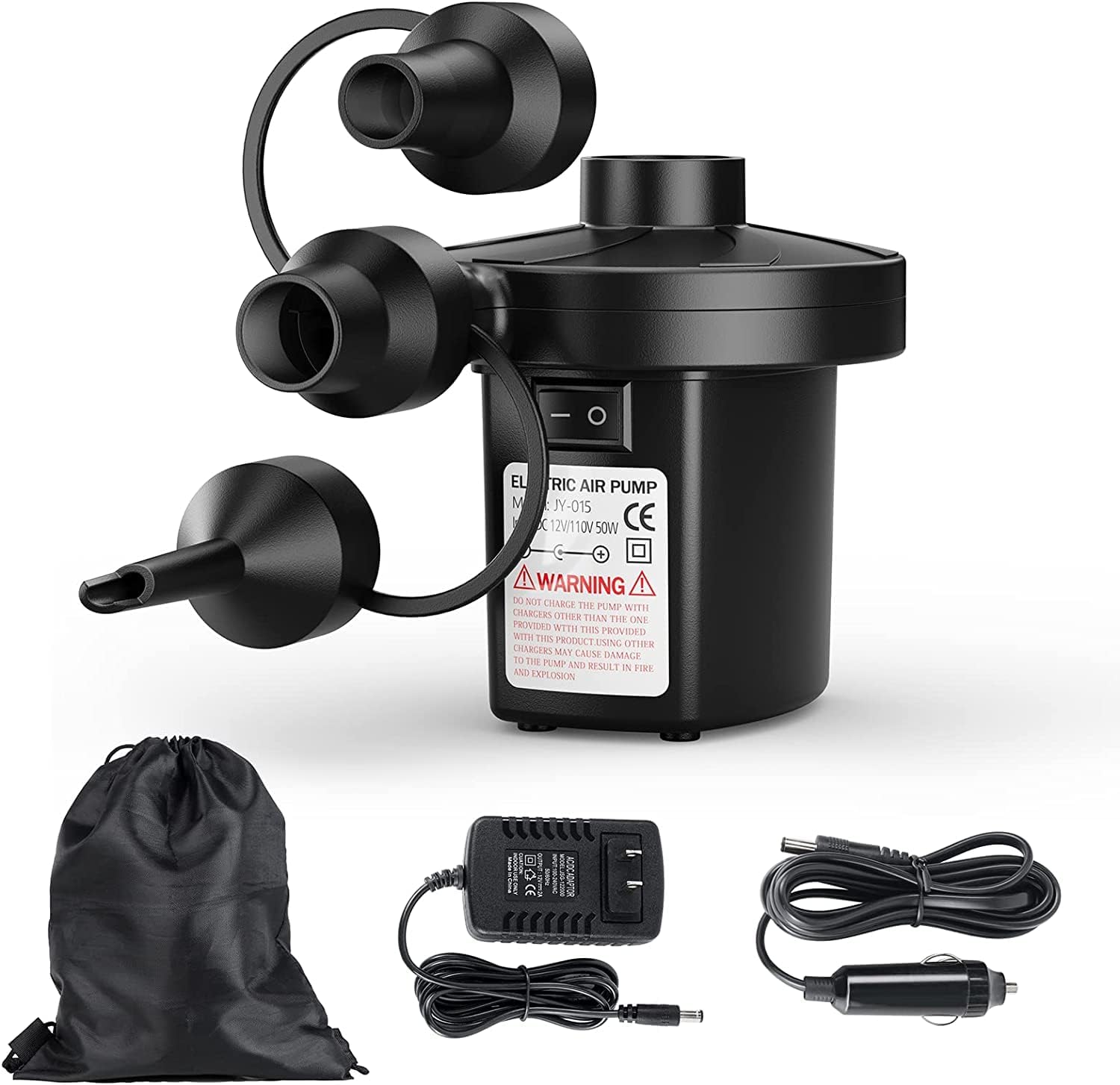 Portable Quick-Fill Air Pump with 3 Nozzles,110V AC/12V DC,Inflator & Deflator Pumps