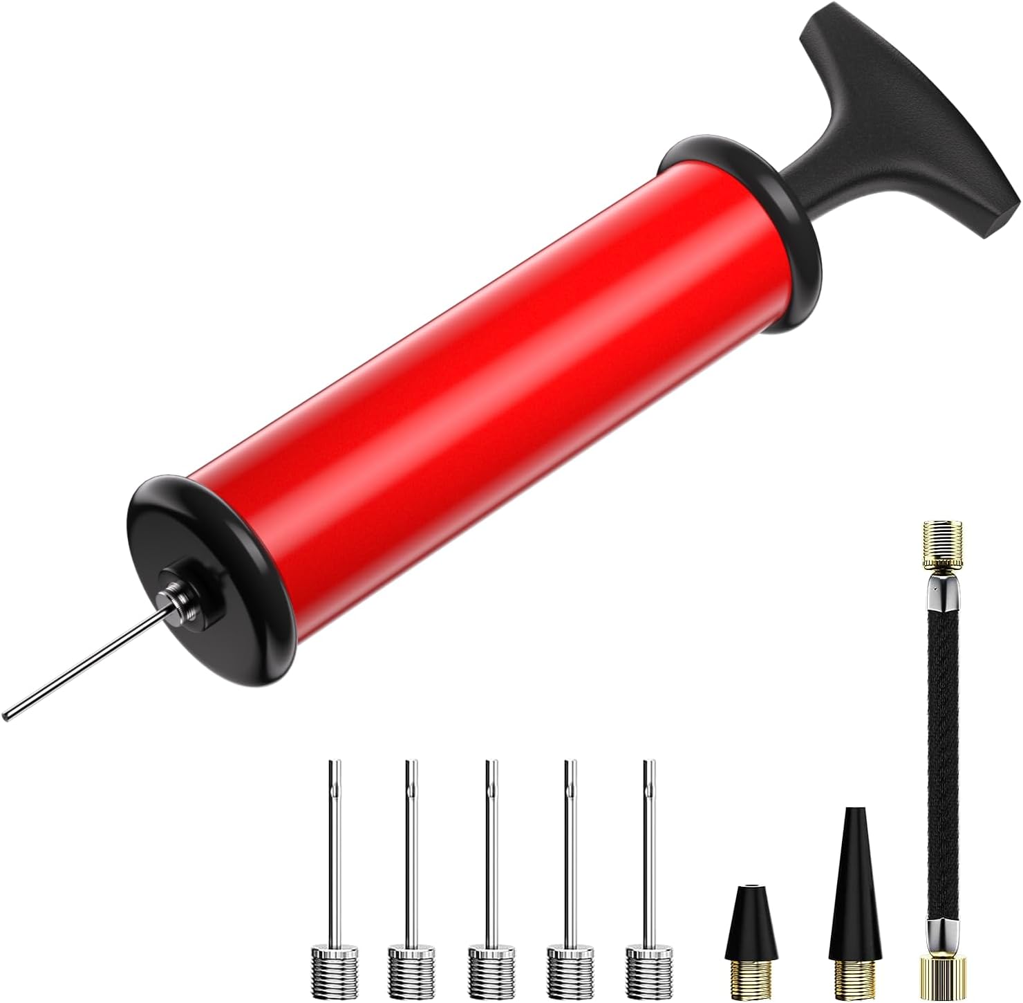 Sports Ball Pump with 5 Needles, Nozzle, Extension Hose, Push & Pull Inflator(Red)