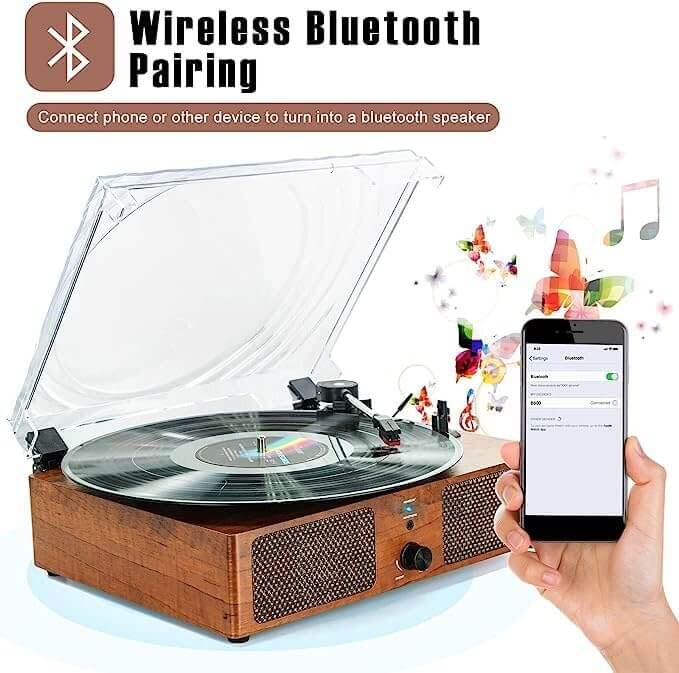 Bluetooth Vinyl Record Player with Built-in Speakers, RCA Output USB Aux In Headphone Auto-Stop Portable