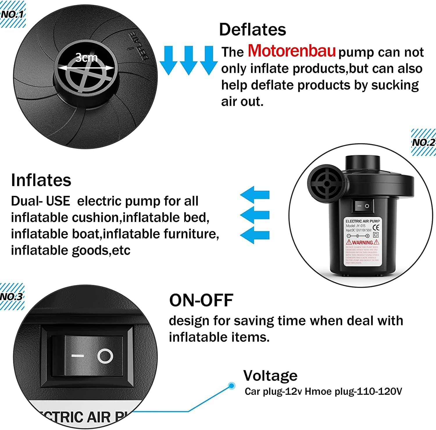 Portable Quick-Fill Air Pump with 3 Nozzles,110V AC/12V DC,Inflator & Deflator Pumps