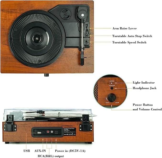 Bluetooth Vinyl Record Player with Built-in Speakers, RCA Output USB Aux In Headphone Auto-Stop Portable