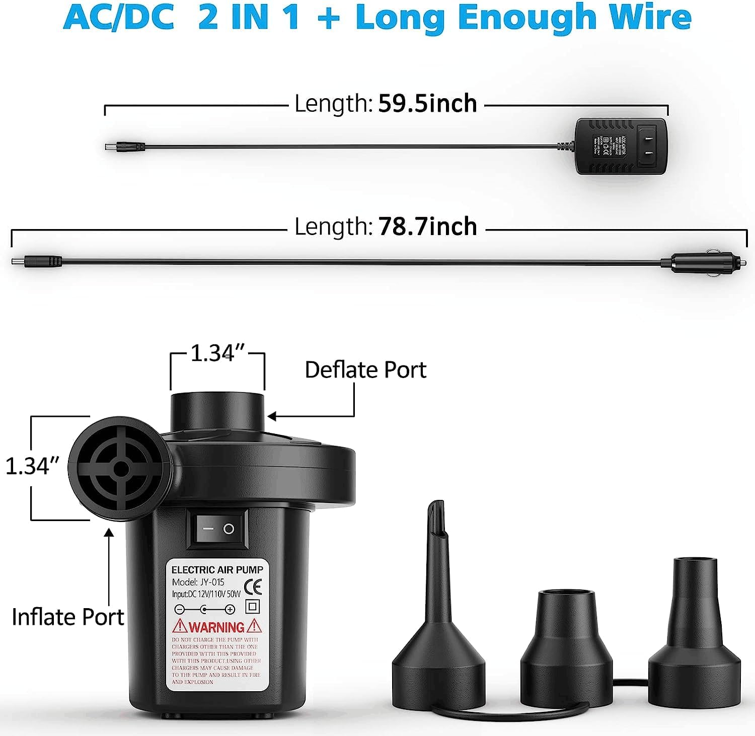 Portable Quick-Fill Air Pump with 3 Nozzles,110V AC/12V DC,Inflator & Deflator Pumps