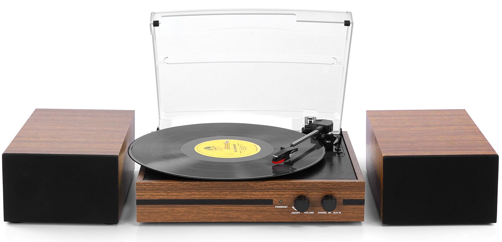 Retro Vinyl Record Player Bluetooth Desktop Phonograph Belt-Drive Turntable with External Speakers,Dual Stereo Speakers LP Players AUX Headphone Input RCA Out, 3 Speeds 3 Sizes Wood Brown