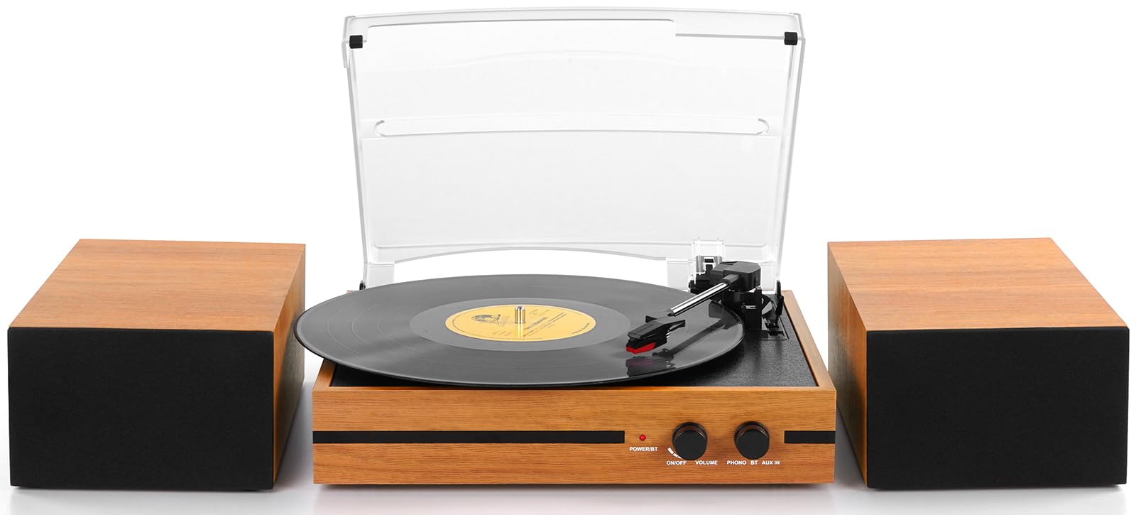 Retro Vinyl Record Player Bluetooth Desktop Phonograph Belt-Drive Turntable with External Speakers,Dual Stereo Speakers LP Players AUX Headphone Input RCA Out, 3 Speeds 3 Sizes Wood Orange