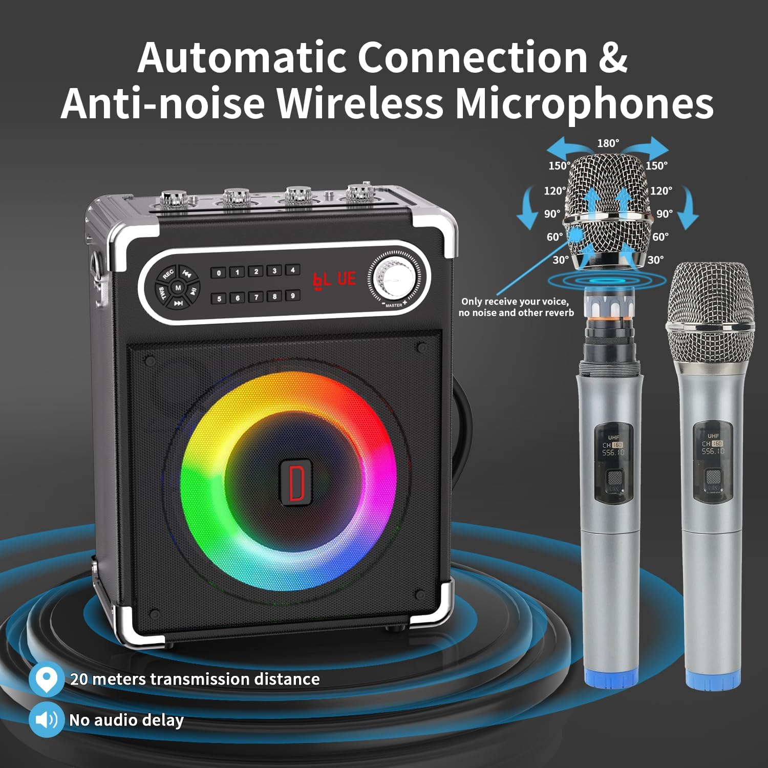 Karaoke Machine with 2 Wireless Microphones,Bluetooth 5.1 Speaker Bass/Treble Adjustment,PA System with Remote Control, Lights, Supports TF Card/USB, AUX in,TWS,FM,REC Party