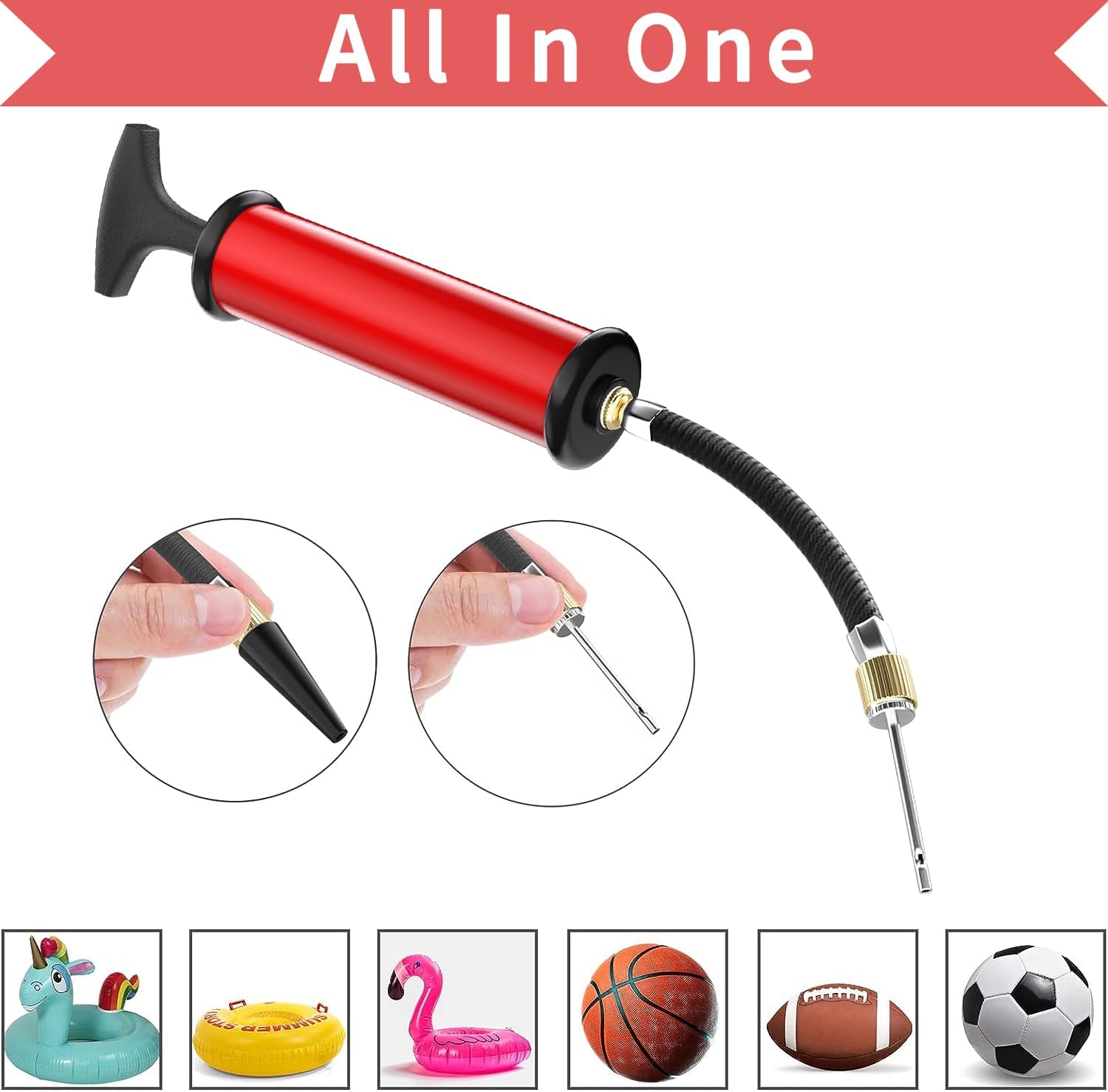 Sports Ball Pump with 5 Needles, Nozzle, Extension Hose, Push & Pull Inflator(Red)