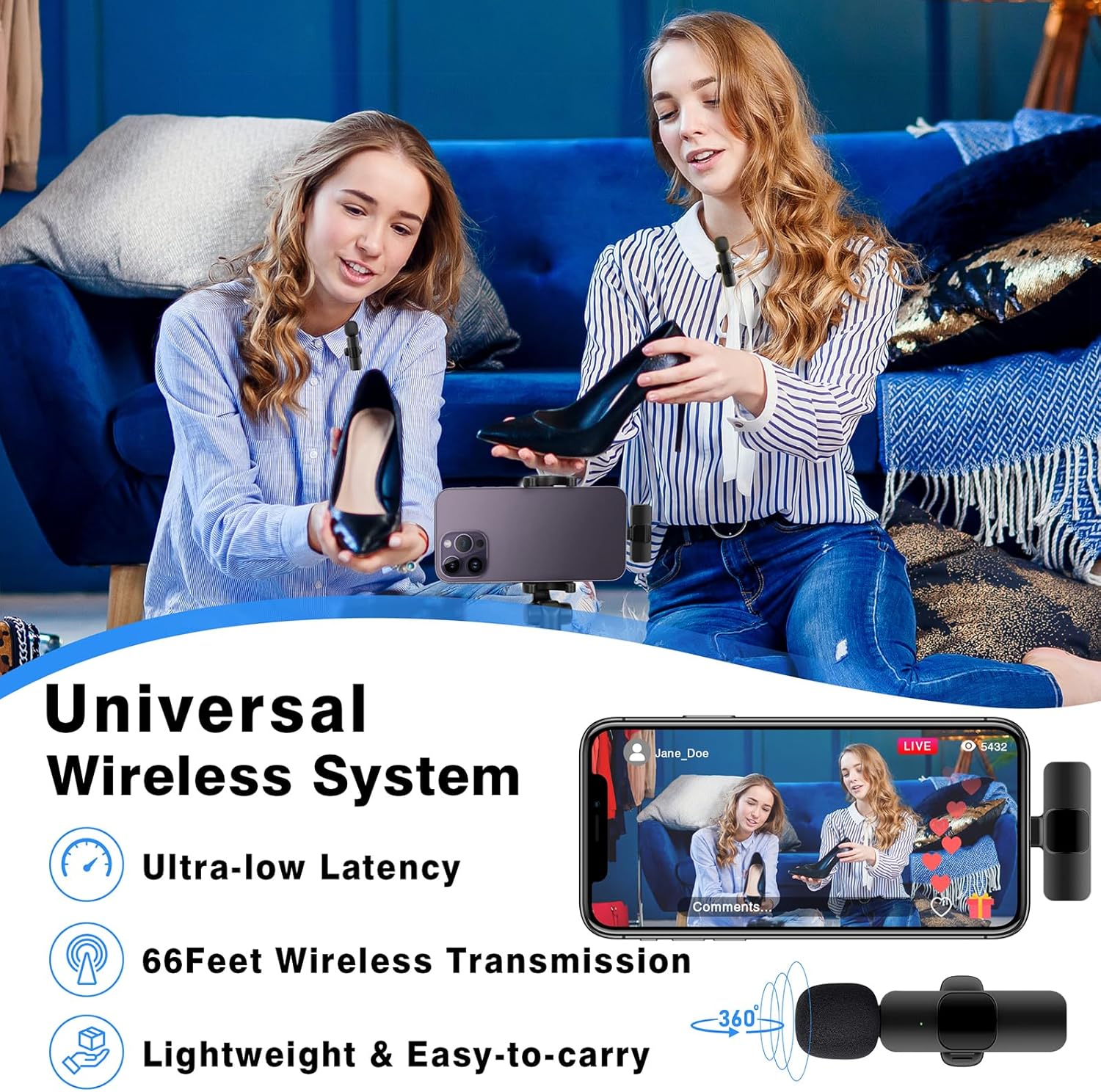 Wireless Lavalier Lapel Microphone for iPhone, iPad, Cordless Omnidirectional Condenser Recording Mic for Video Recording, Tiktok(2 Pack)view Podcast Vlog YouTube Tiktok(2 Pack)