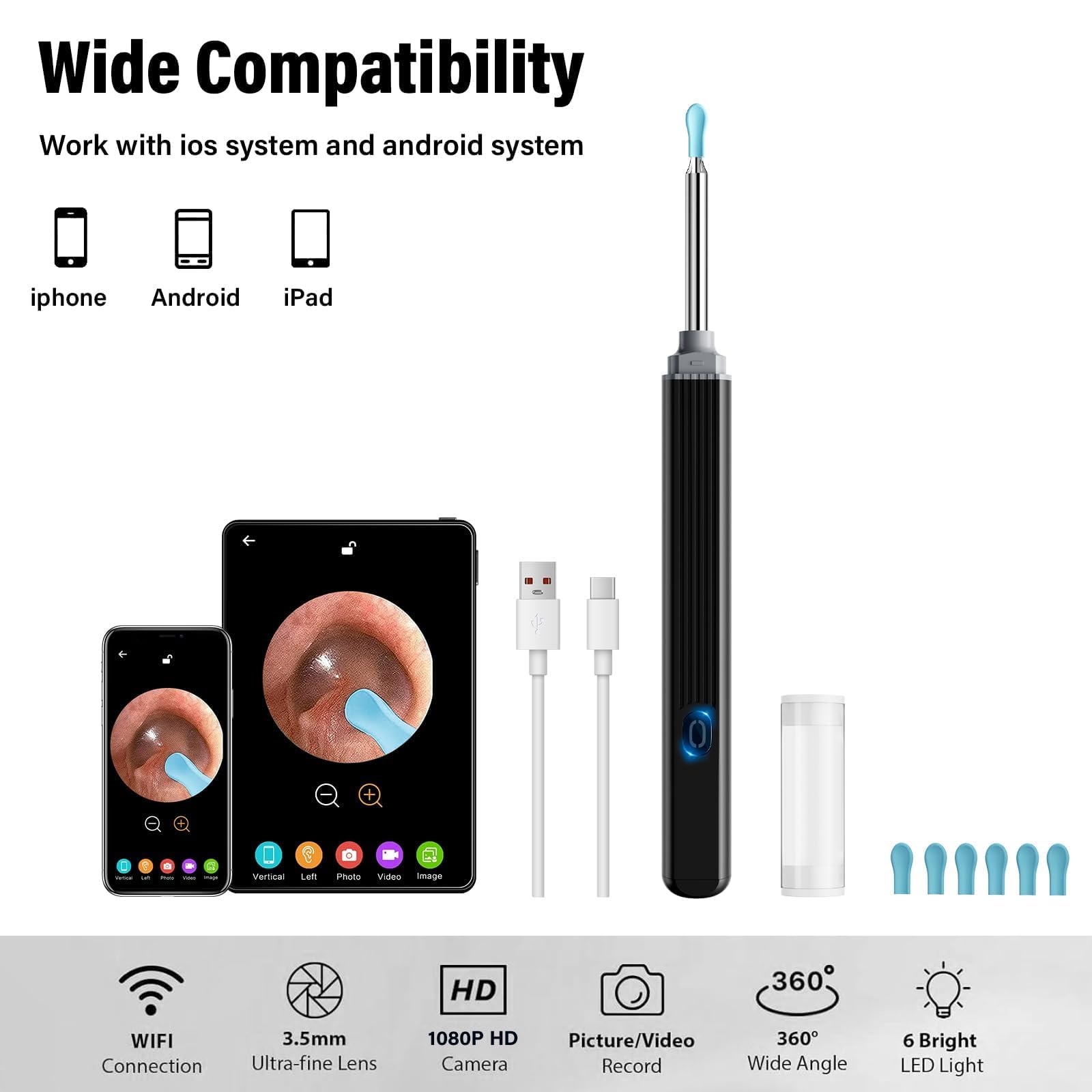 Ear Wax Cleaner with Camera, Earwax Removal, Earwax Removal Tool, with 8 Ears, Earwax Cleaning kit 1080P HD Otoscope - Ear Camera with 6 Ear Scoops - Otoscope Ear Pick for iOS and Android