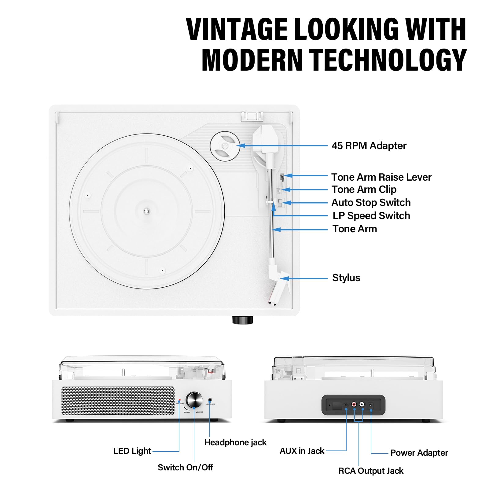 Vinyl Record Player with 2 Stereo Speakers Belt-Driven Vintage Turntables 3 Speed 3 Size Wireless Bluetooth Playback AUX-in RCA Out Headphone LP Vinyl Players Auto Stop Fashion White